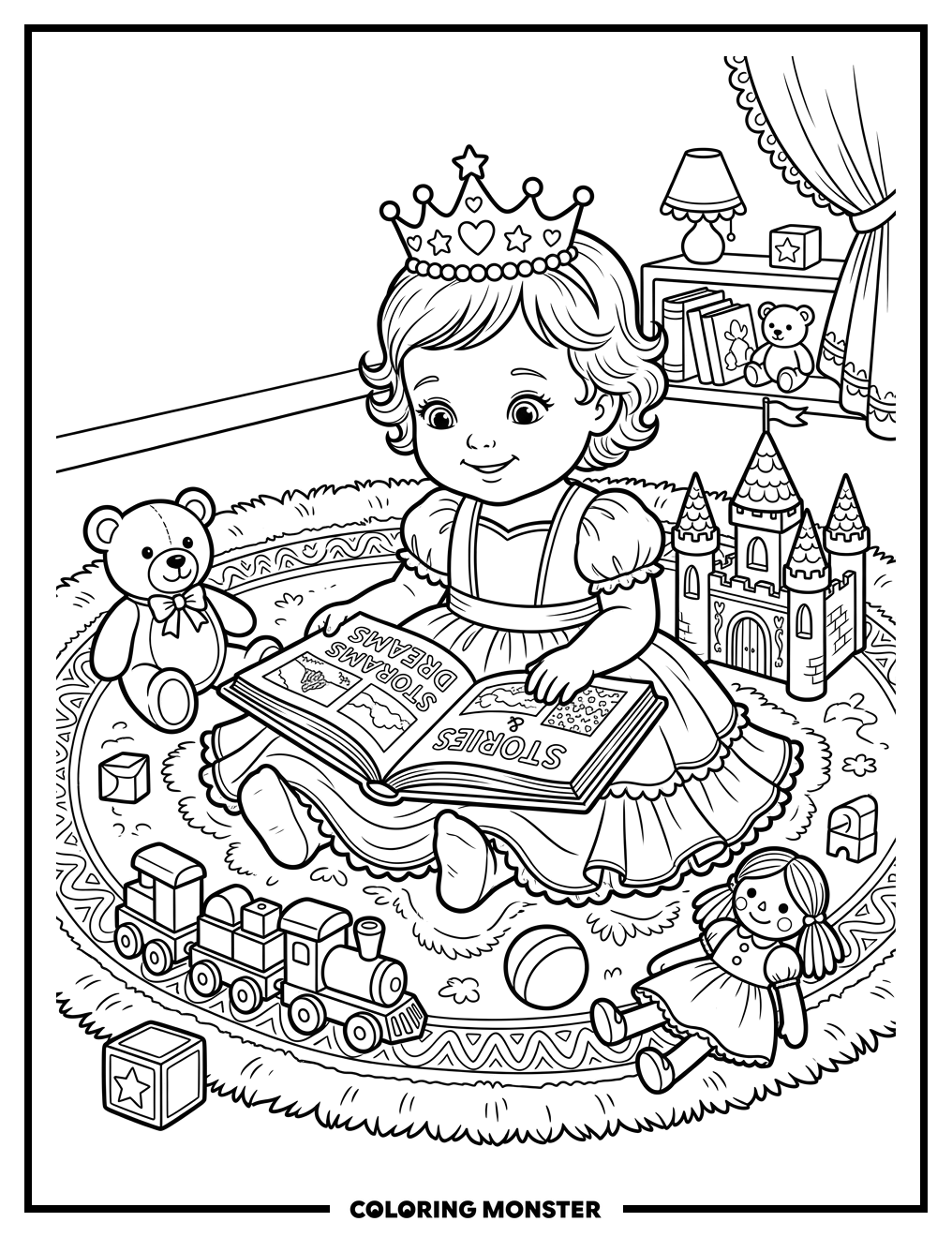 Baby Princess Reading a Storybook Coloring Page