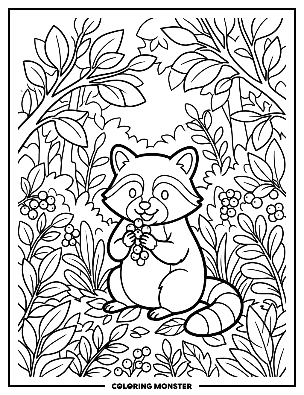 Baby Raccoon Eating Berries Coloring Page