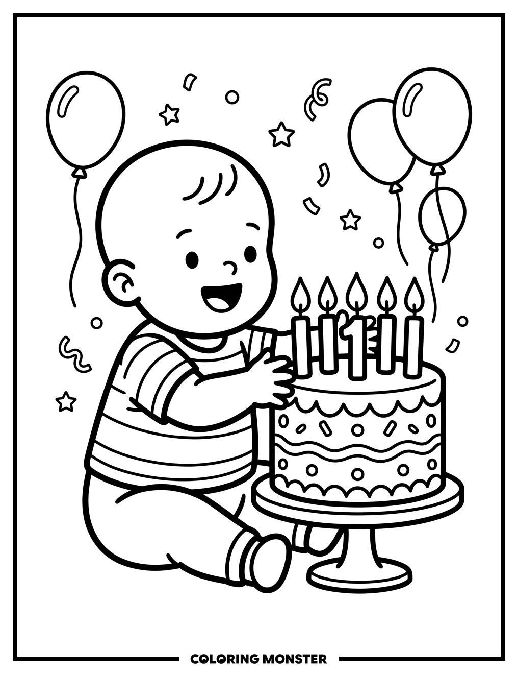 Baby Reaching For Birthday Cake Coloring Page
