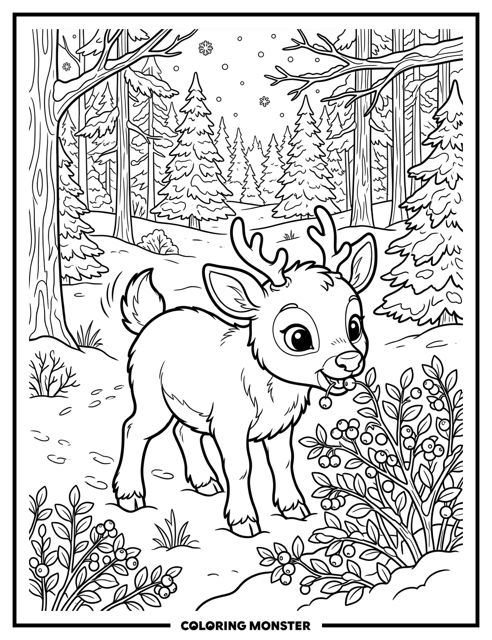 Baby Reindeer Eating Berries Coloring Page