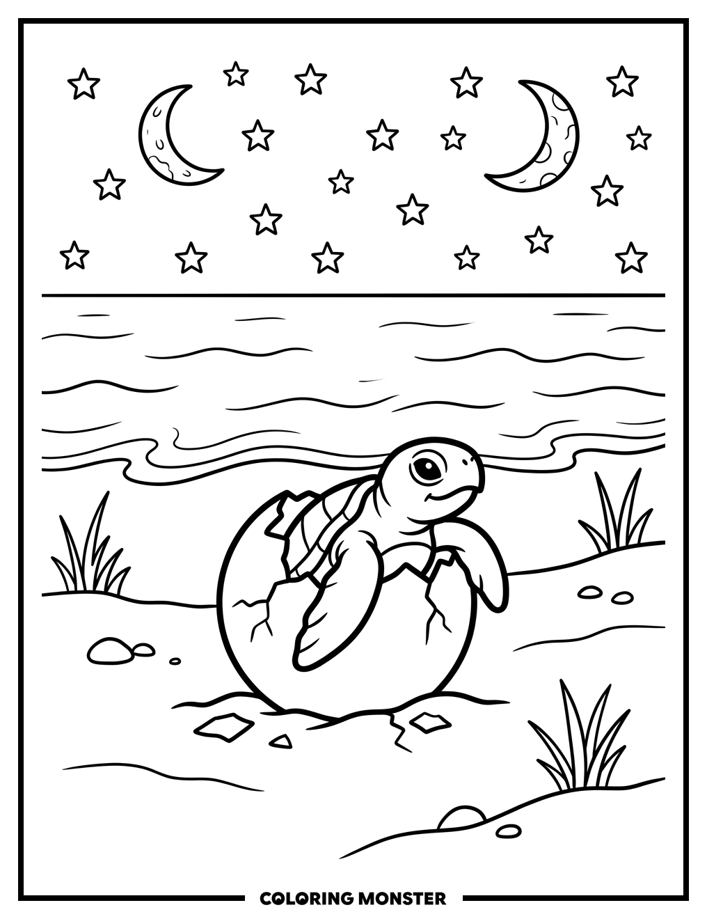 Baby Sea Turtle Hatches on Beach Coloring Page