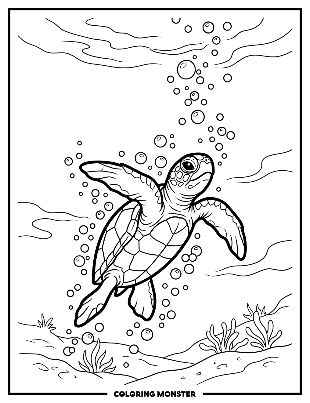 Baby Sea Turtle Swimming Coloring Page