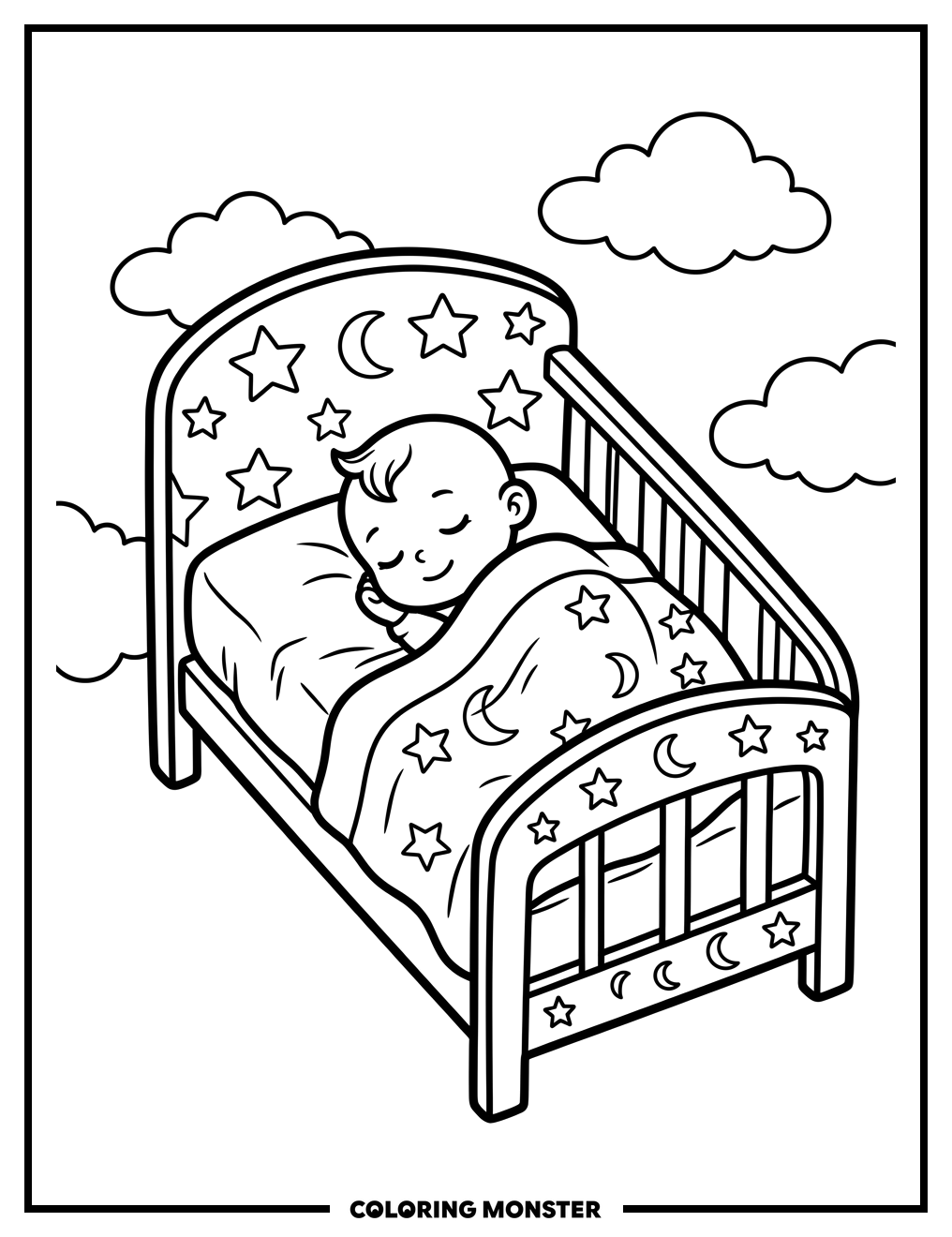 Baby Sleeping in Starry Crib Coloring Page