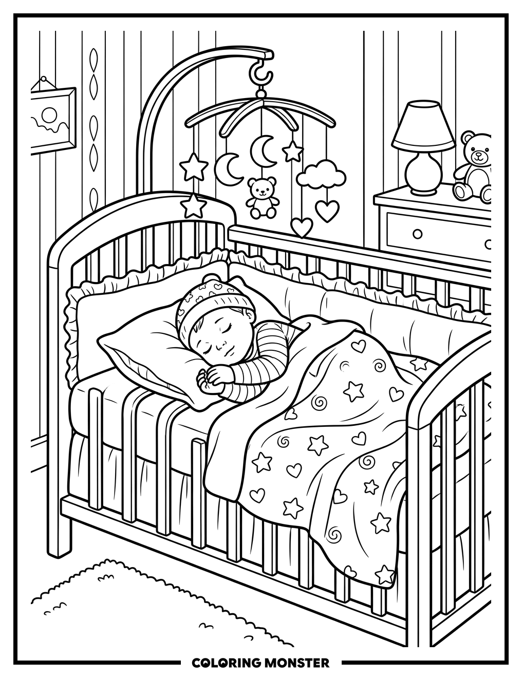 Baby Sleeping Peacefully in Crib Coloring Page