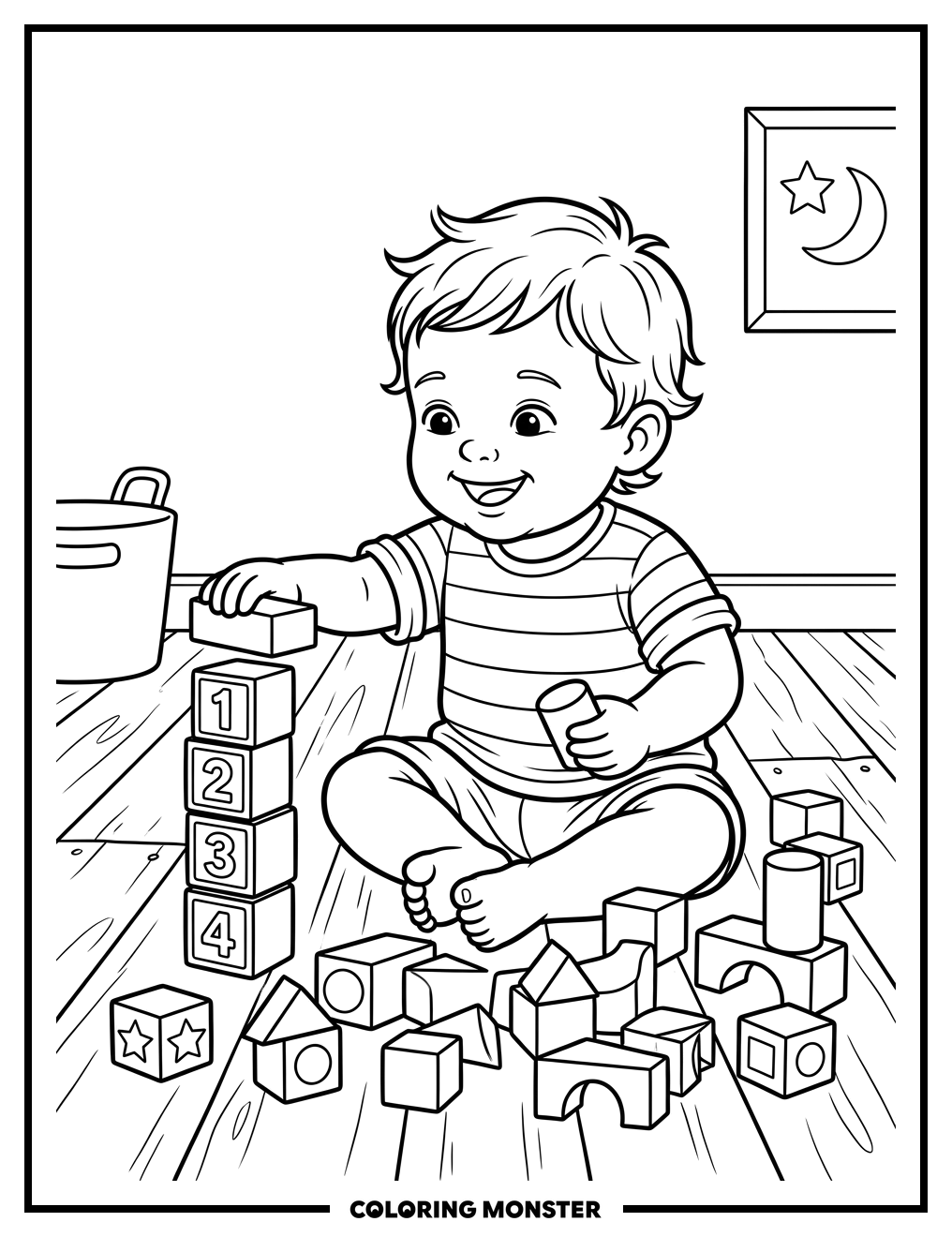 Baby Stacking Colorful Blocks Coloring Page