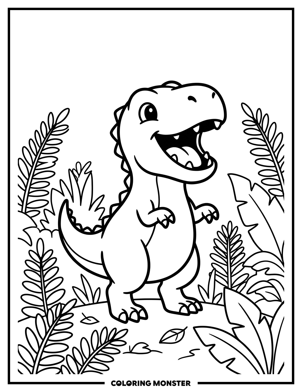 Baby T-Rex Roaring Among Ferns Coloring Page