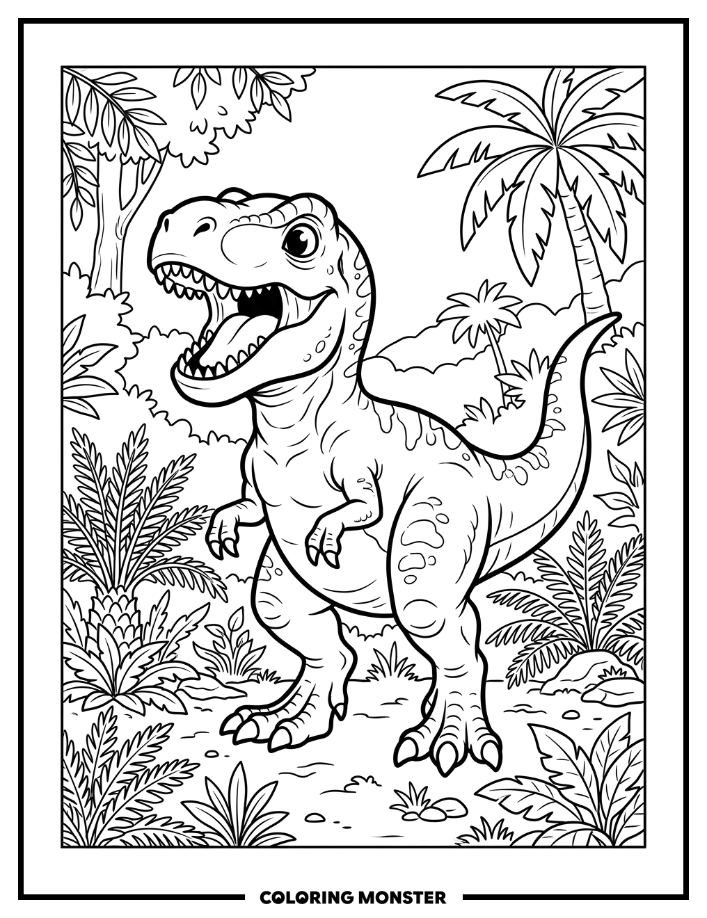 Baby T-Rex Roaring in Jungle Coloring Page