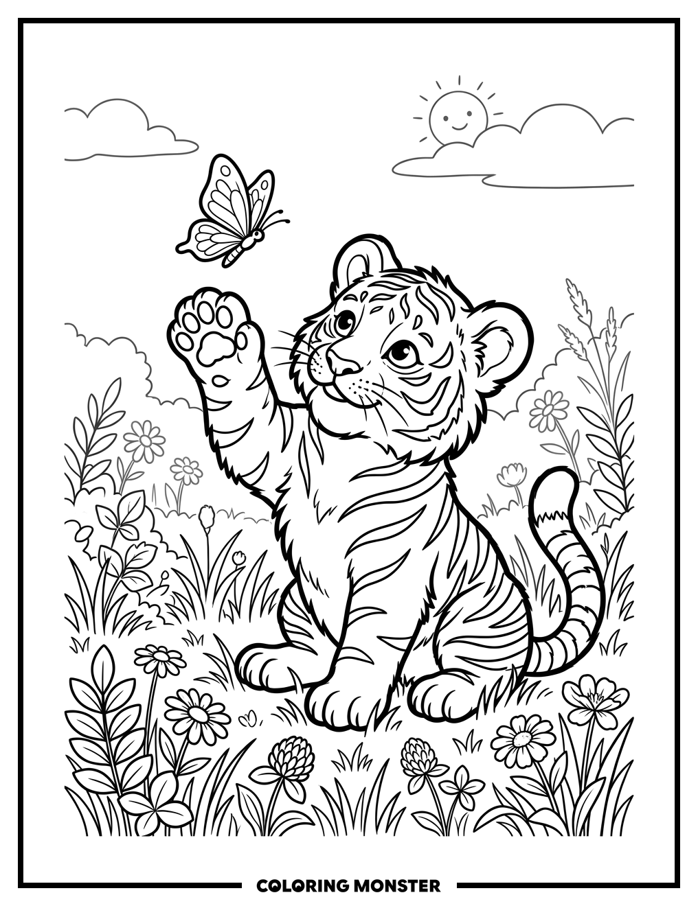 Baby Tiger Cub Chasing Butterfly Coloring Page