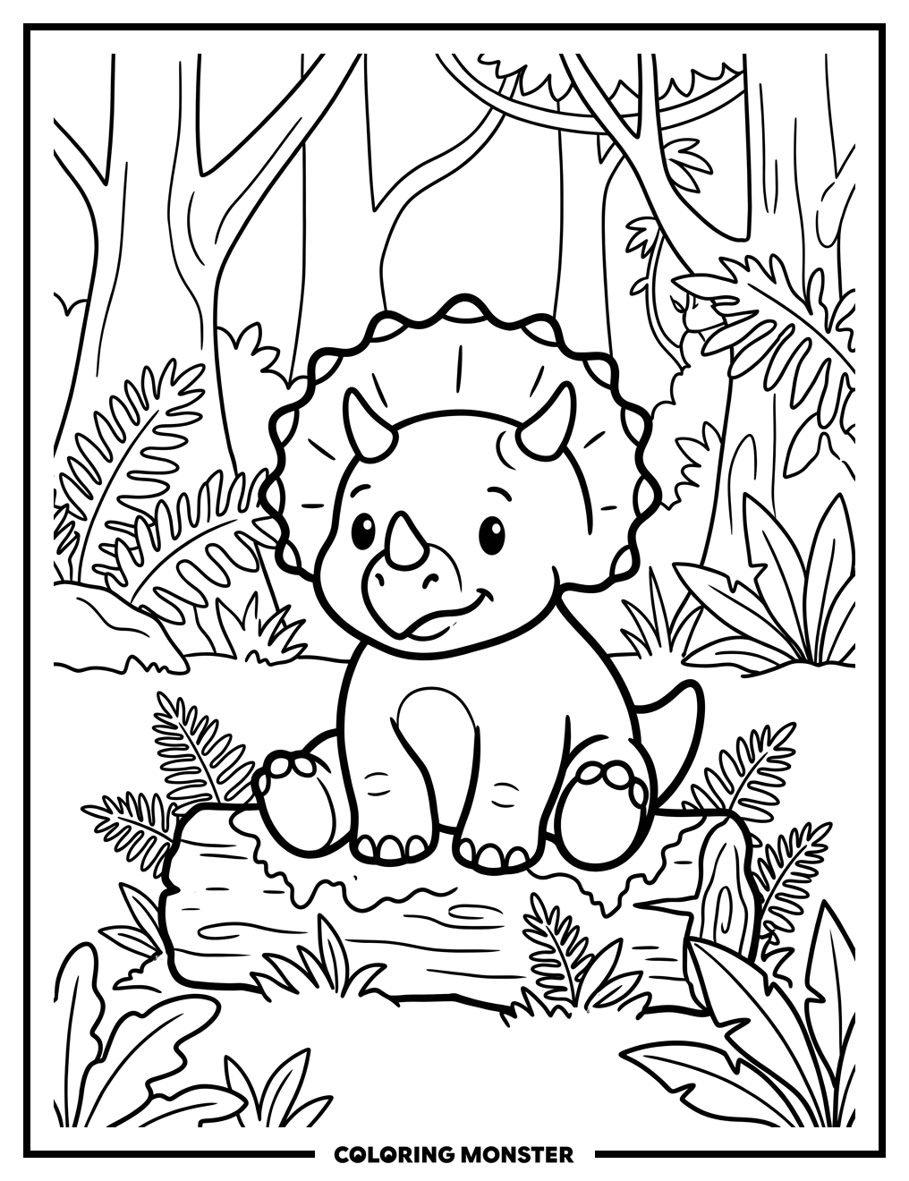 Baby Triceratops on a Log Coloring Page