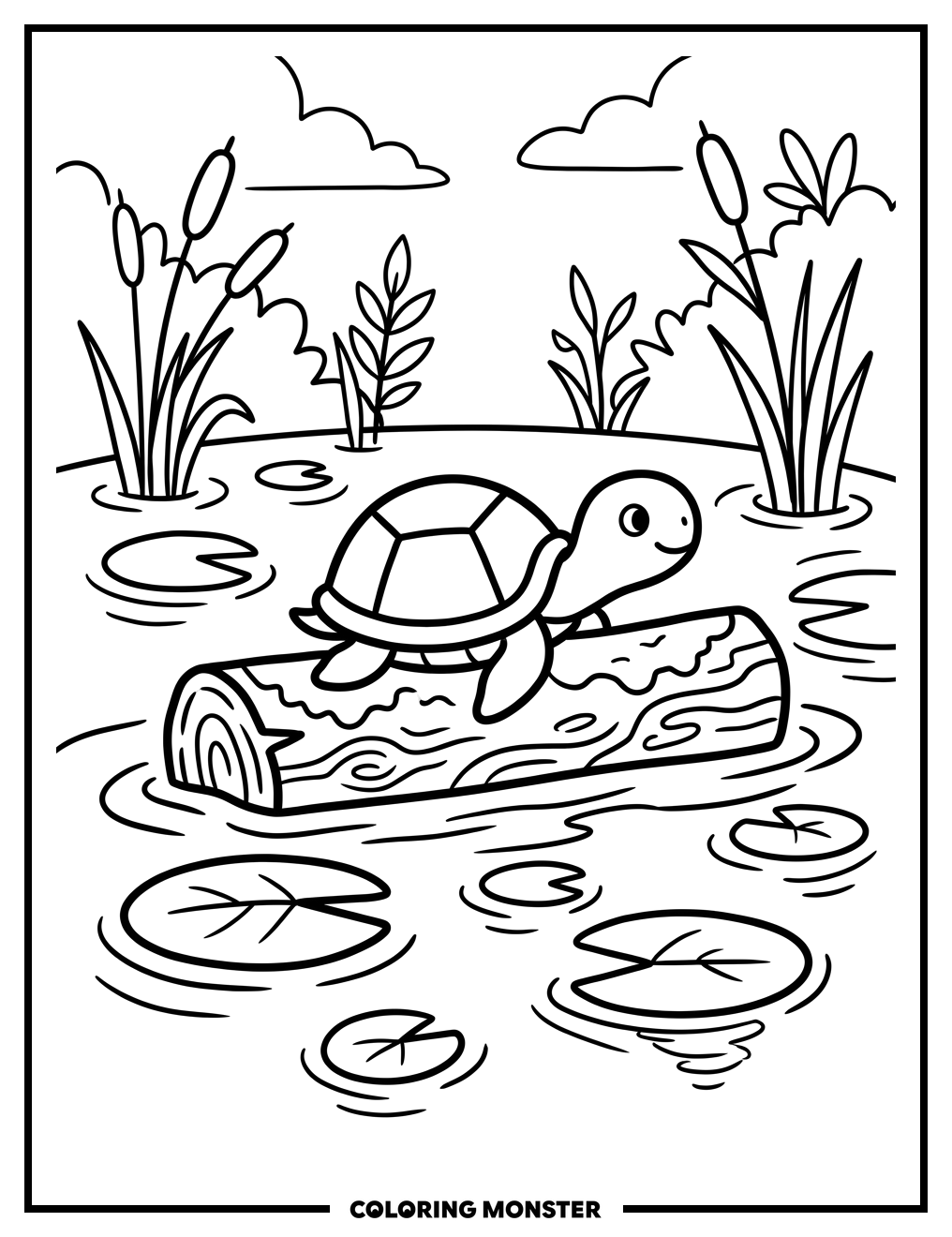 Baby Turtle on Mossy Log Coloring Page