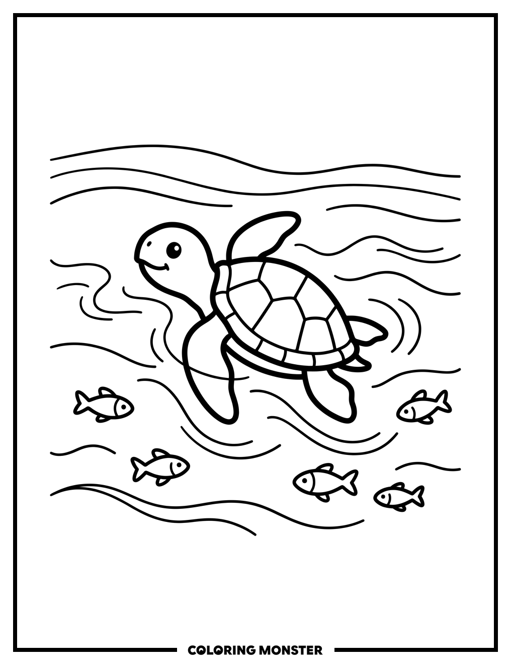 Baby Turtle Swimming in Ocean Coloring Page