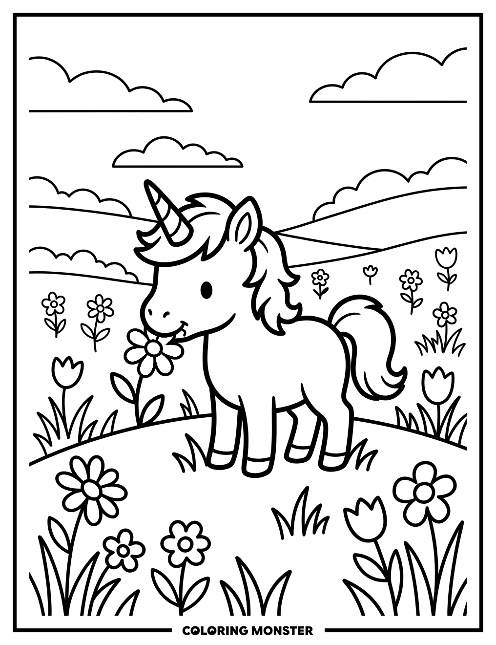 Baby Unicorn Nibbling Flower Coloring Page