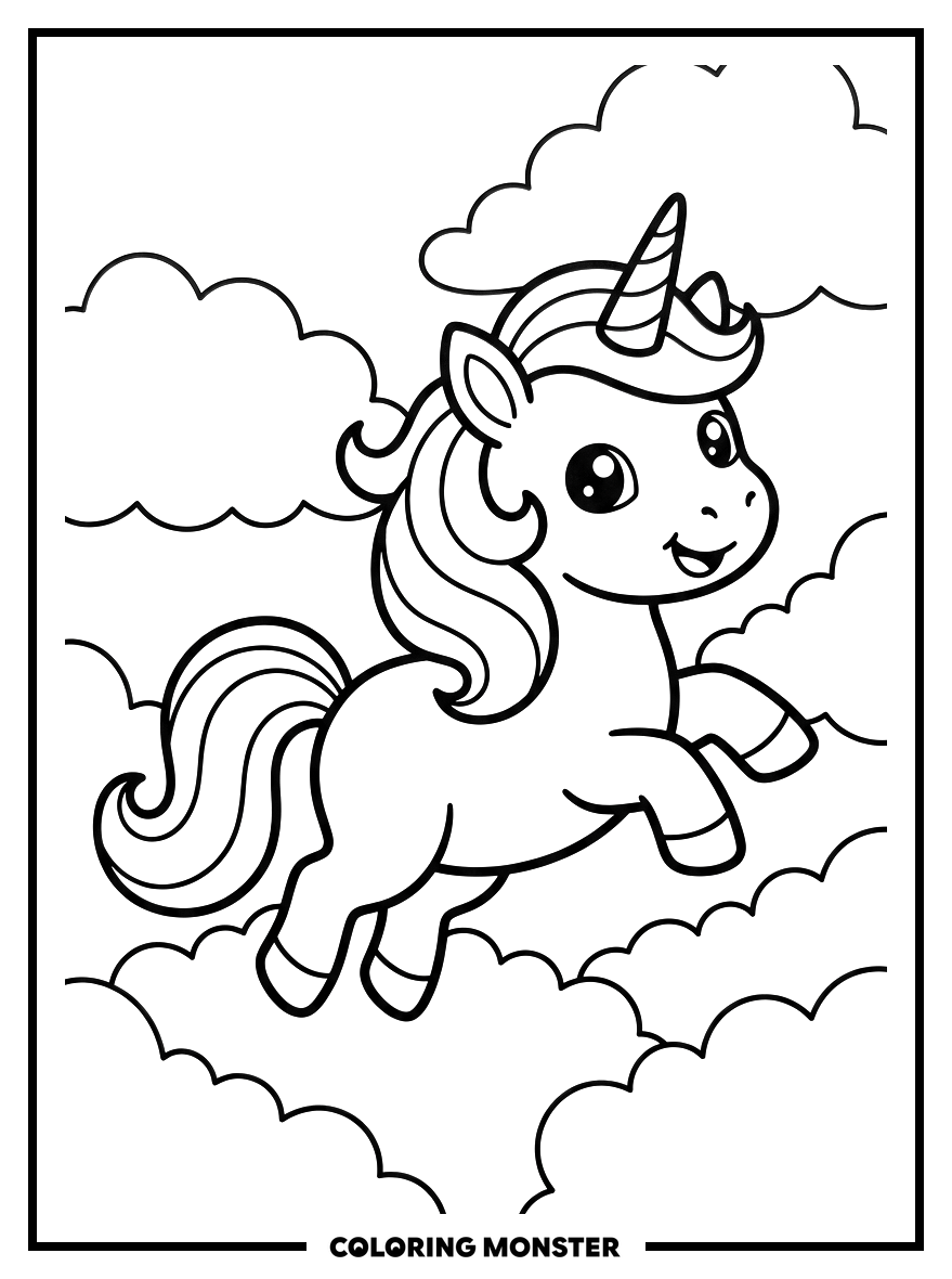 Baby Unicorn Prancing Among Clouds Coloring Page