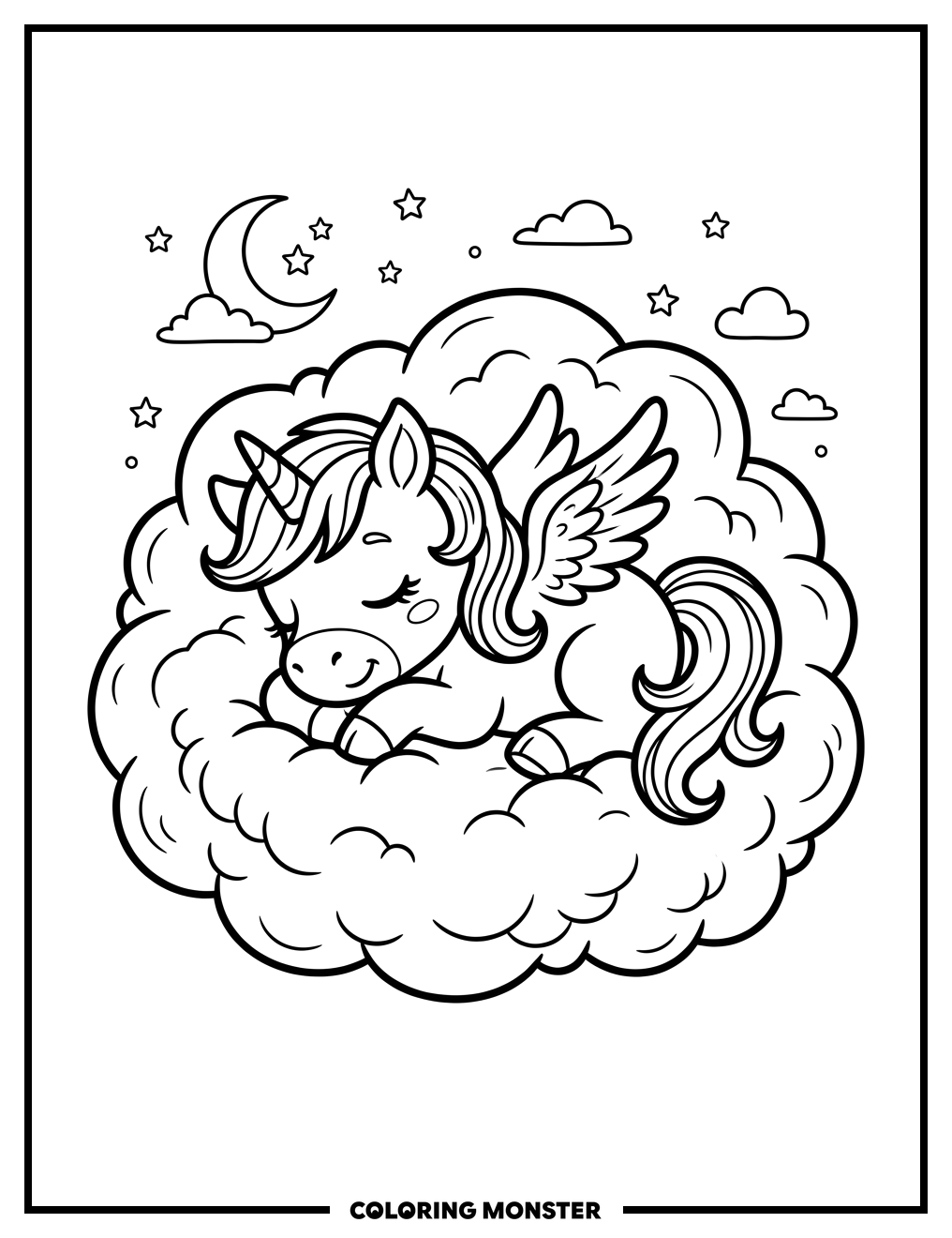 Baby Unicorn Sleeping on Cloud Coloring Page