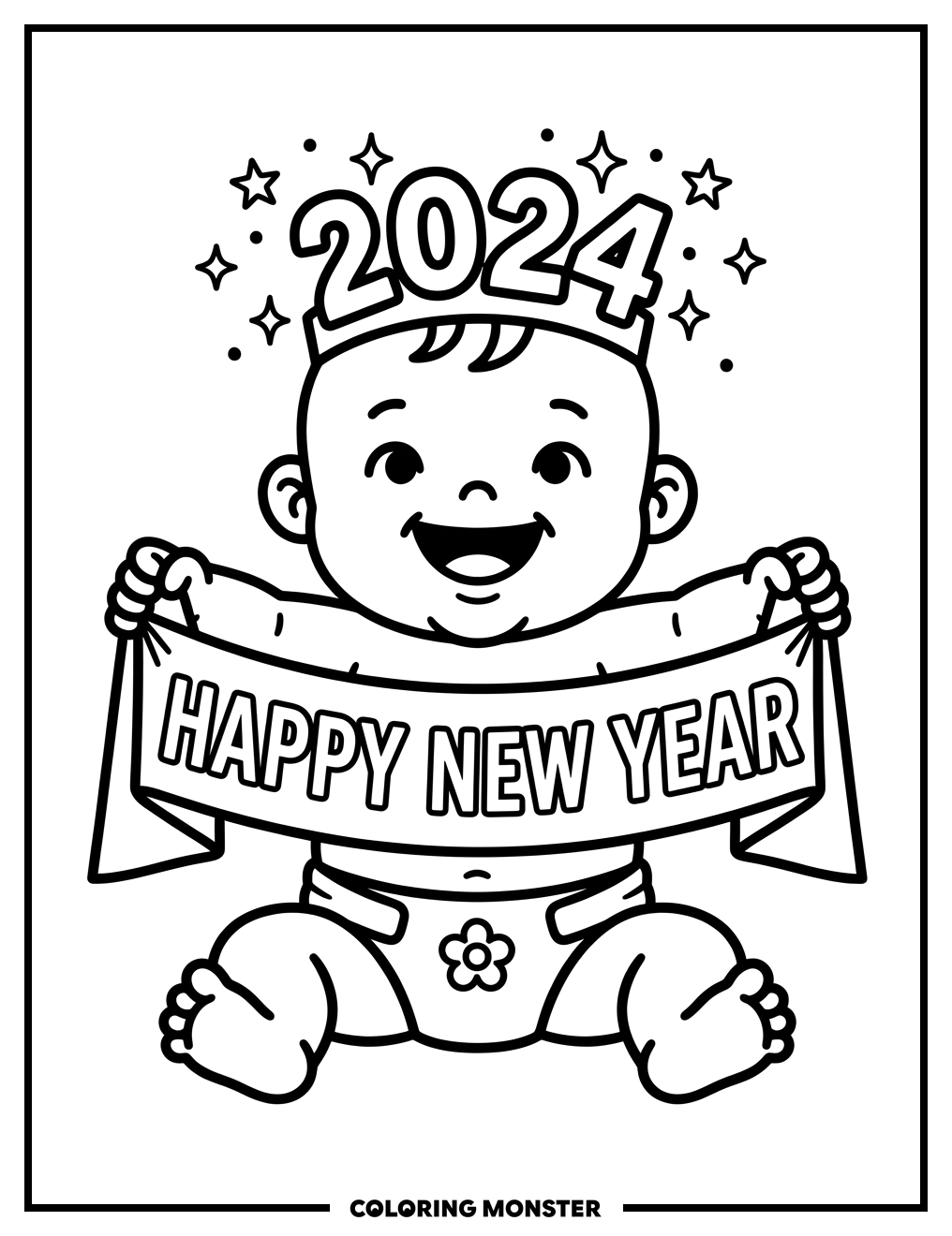 Baby With '2024' Crown And Happy New Year Banner Coloring Page