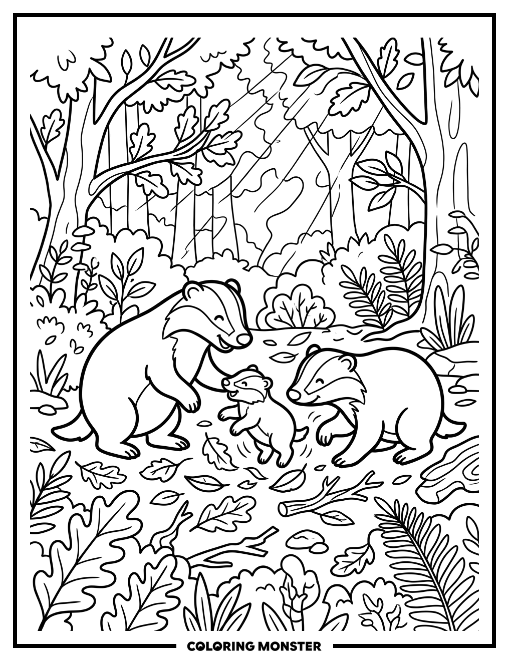 Badger Family in Forest Clearing Coloring Page