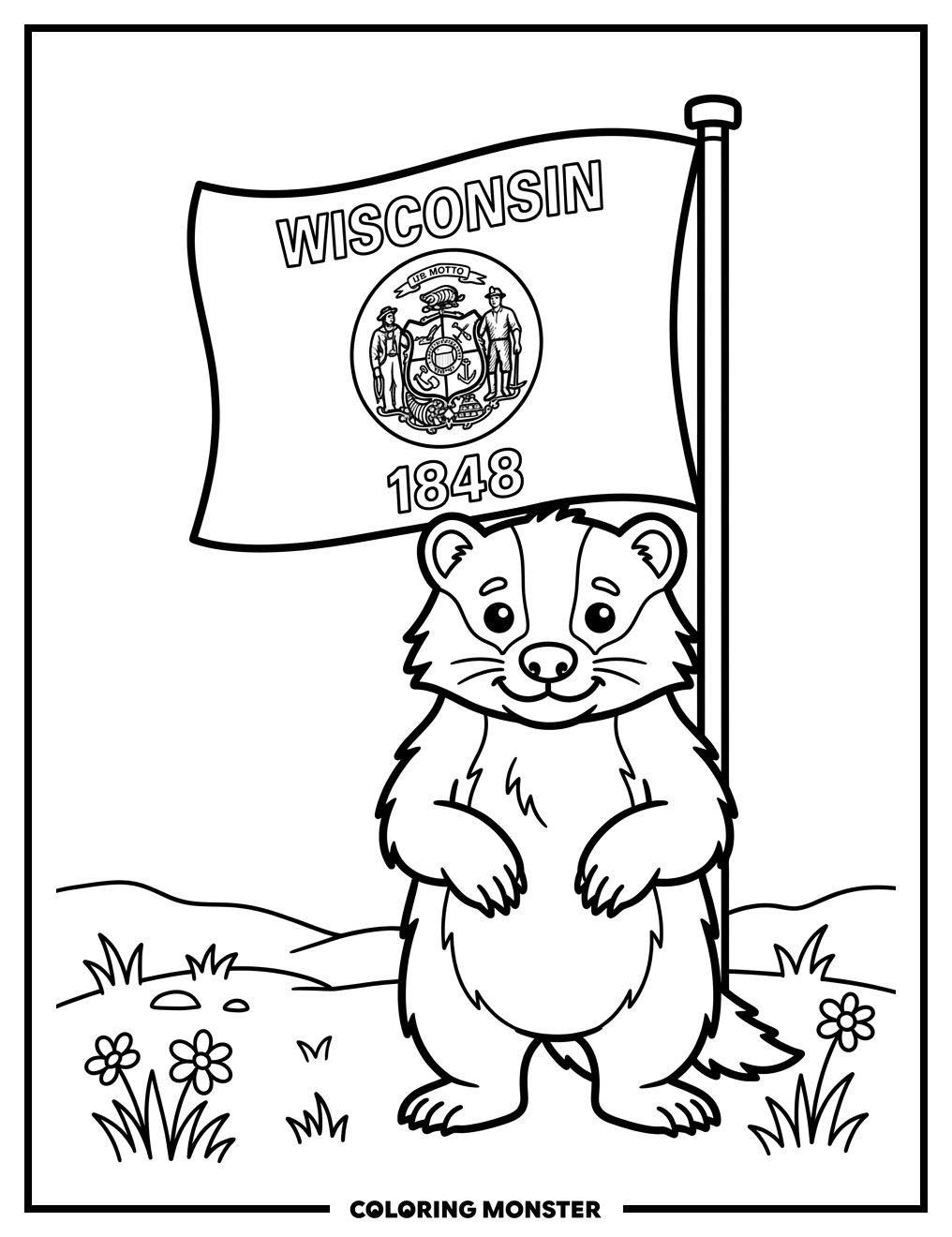 Badger with Wisconsin Flag Coloring Page