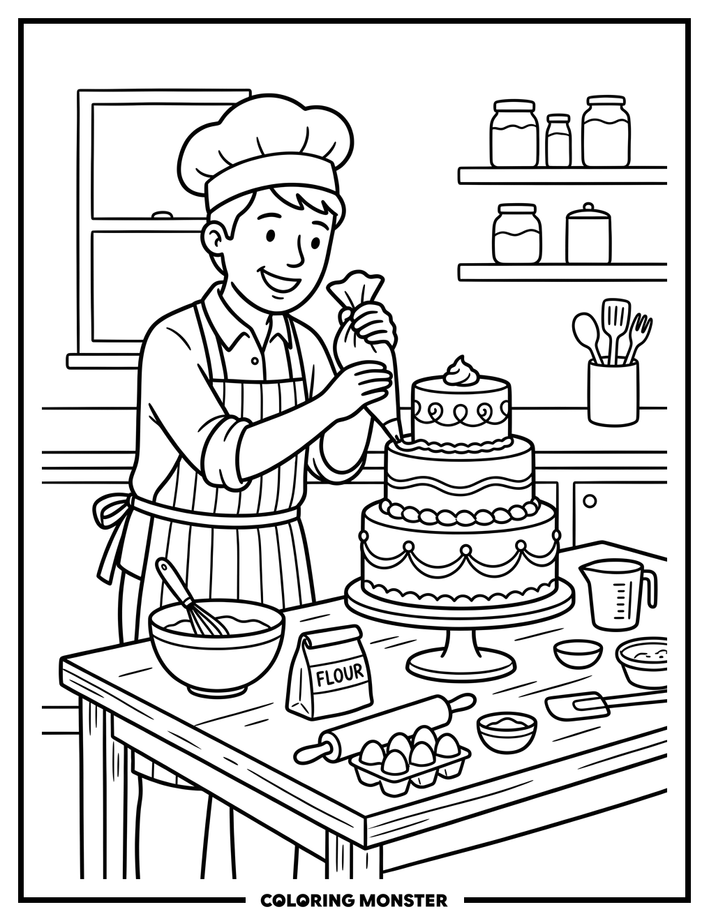 Baker Decorating a Tiered Cake Coloring Page
