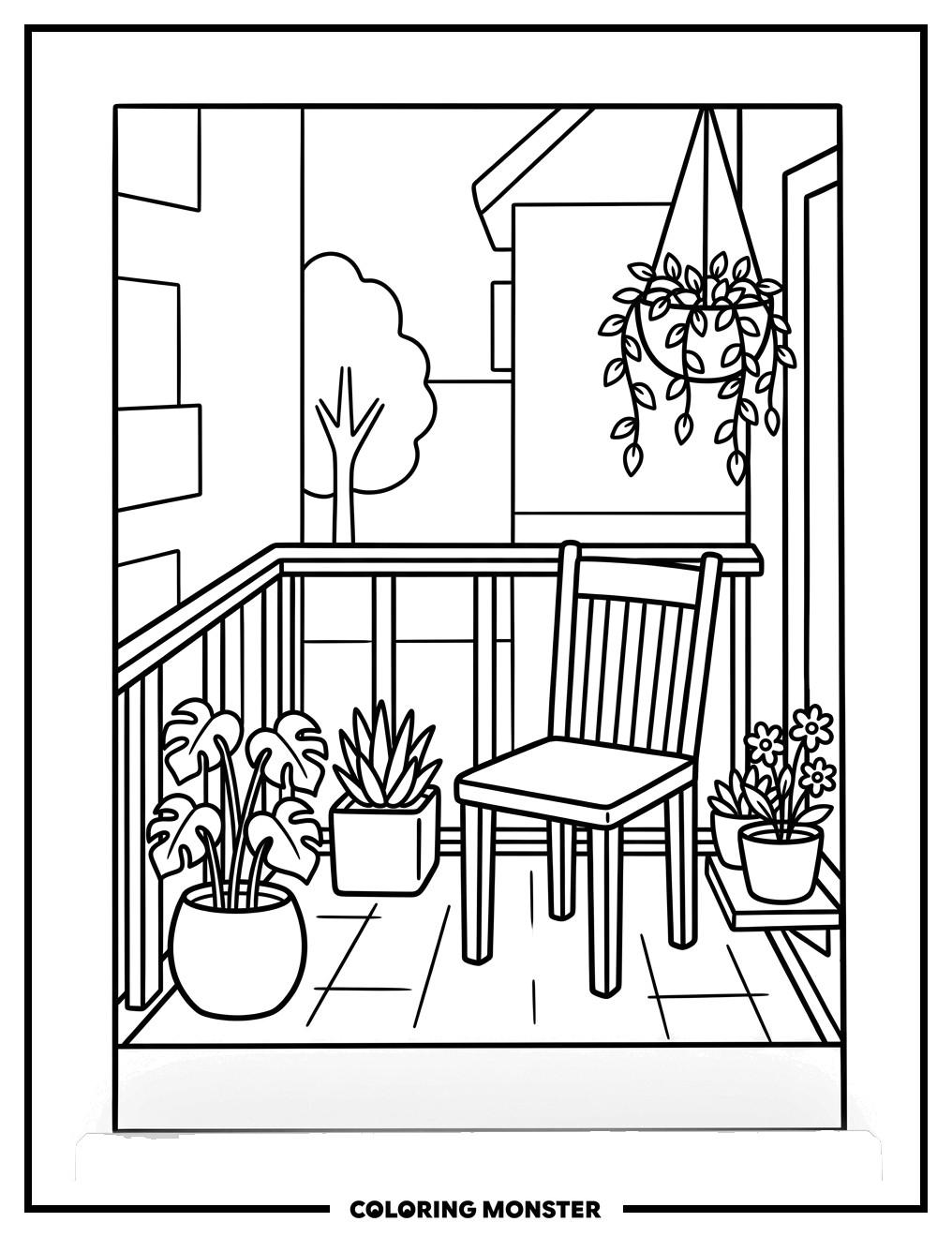 Balcony Garden Scene Coloring Page