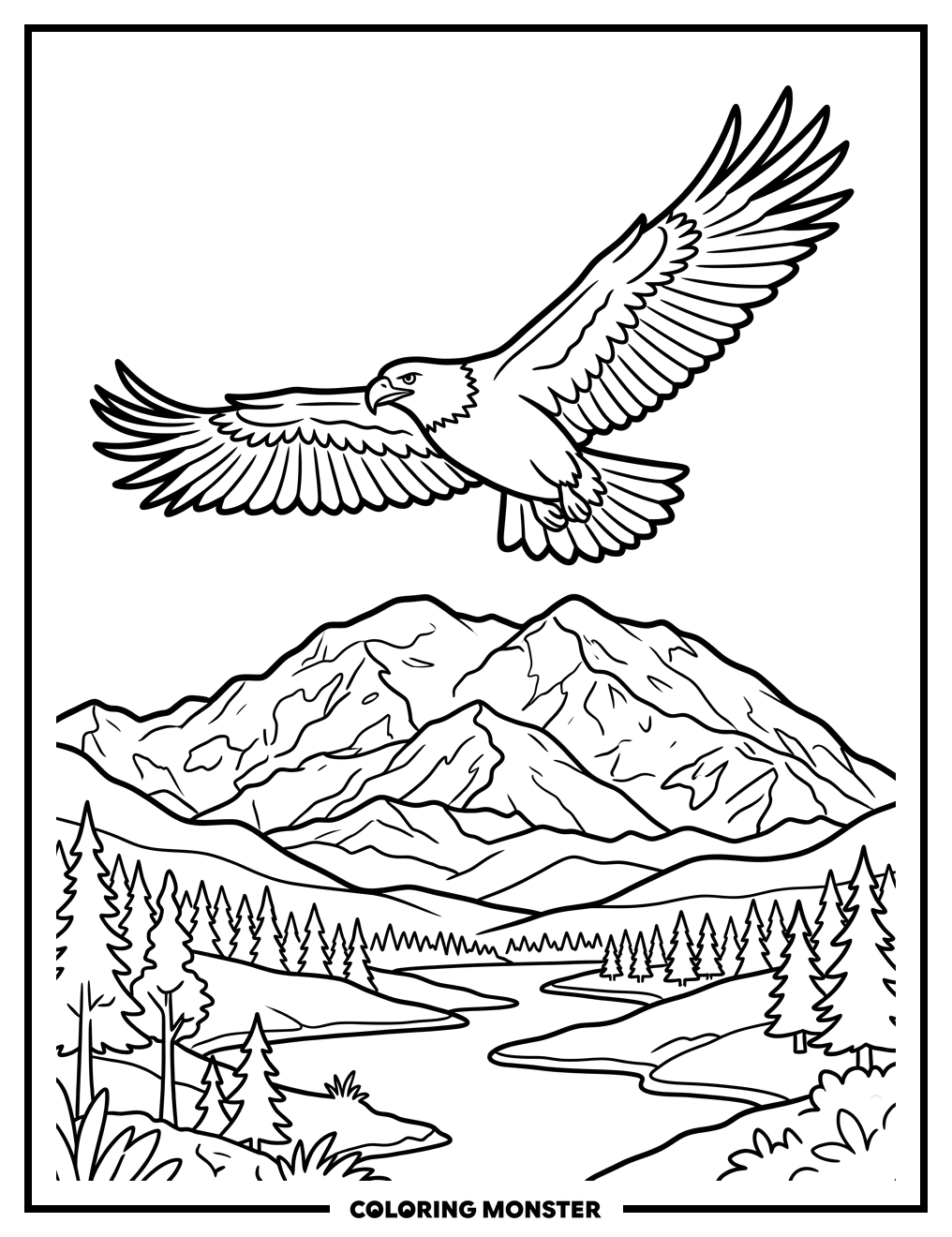 Bald Eagle Over Alaskan Mountains Coloring Page