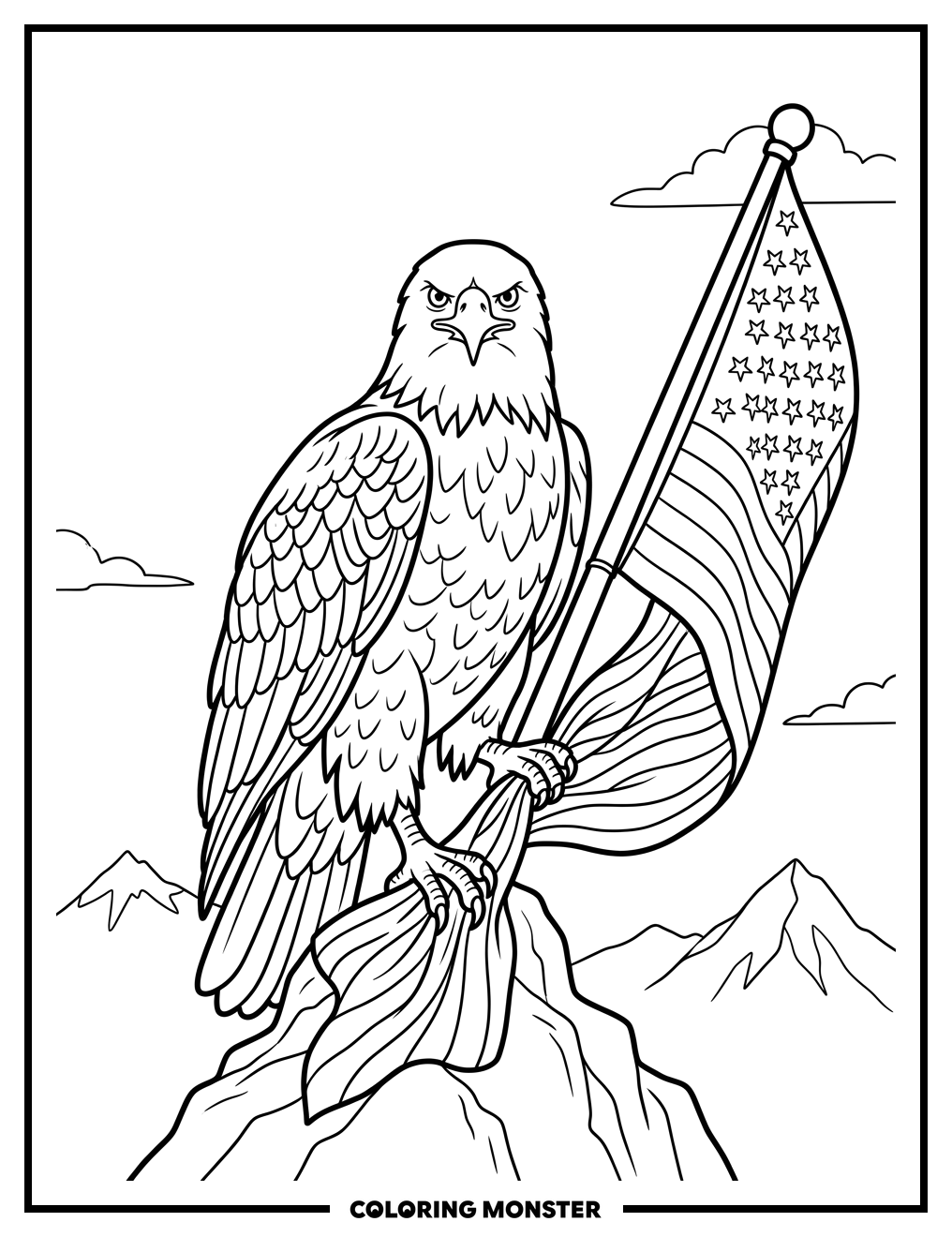 Bald Eagle with American Flag Coloring Page