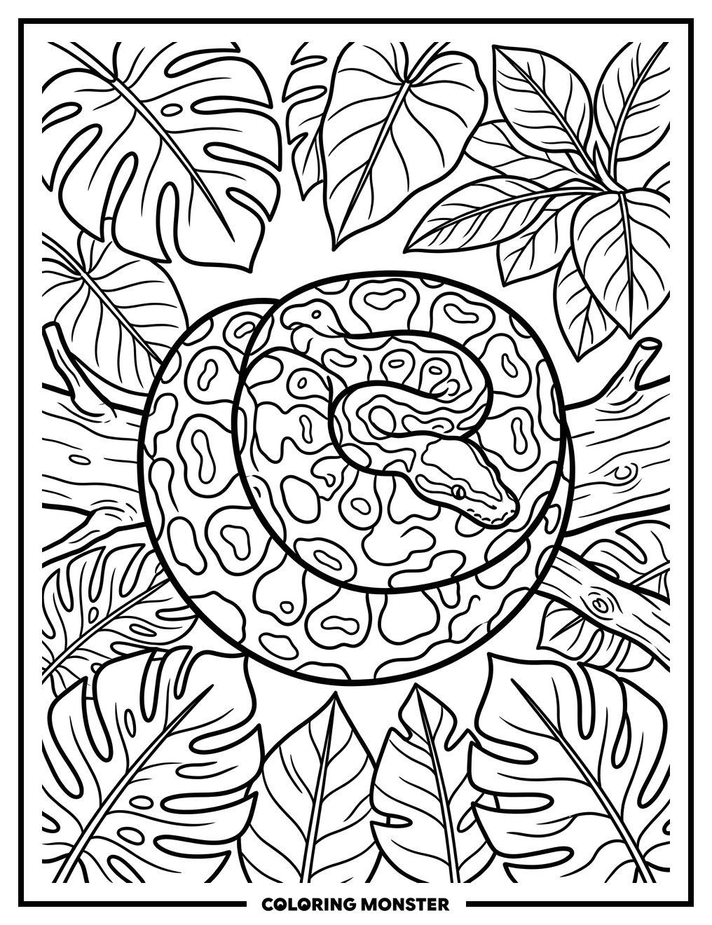 Ball Python Coiled on Branch Coloring Page