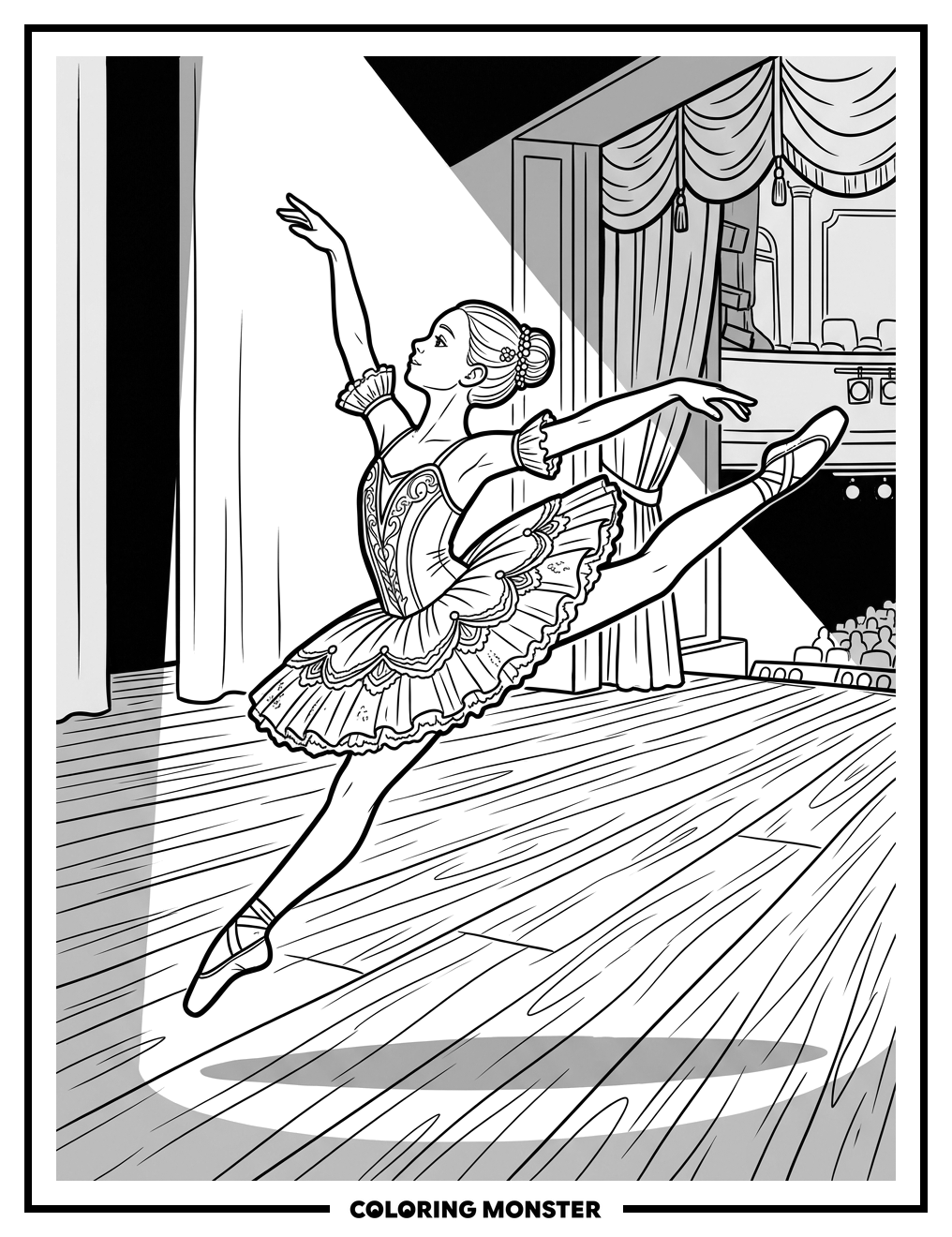 Ballerina Leaping on Stage Coloring Page