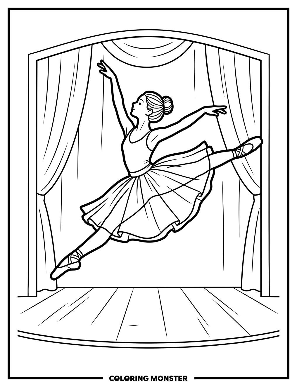 Ballerina Leaping on Stage Coloring Page
