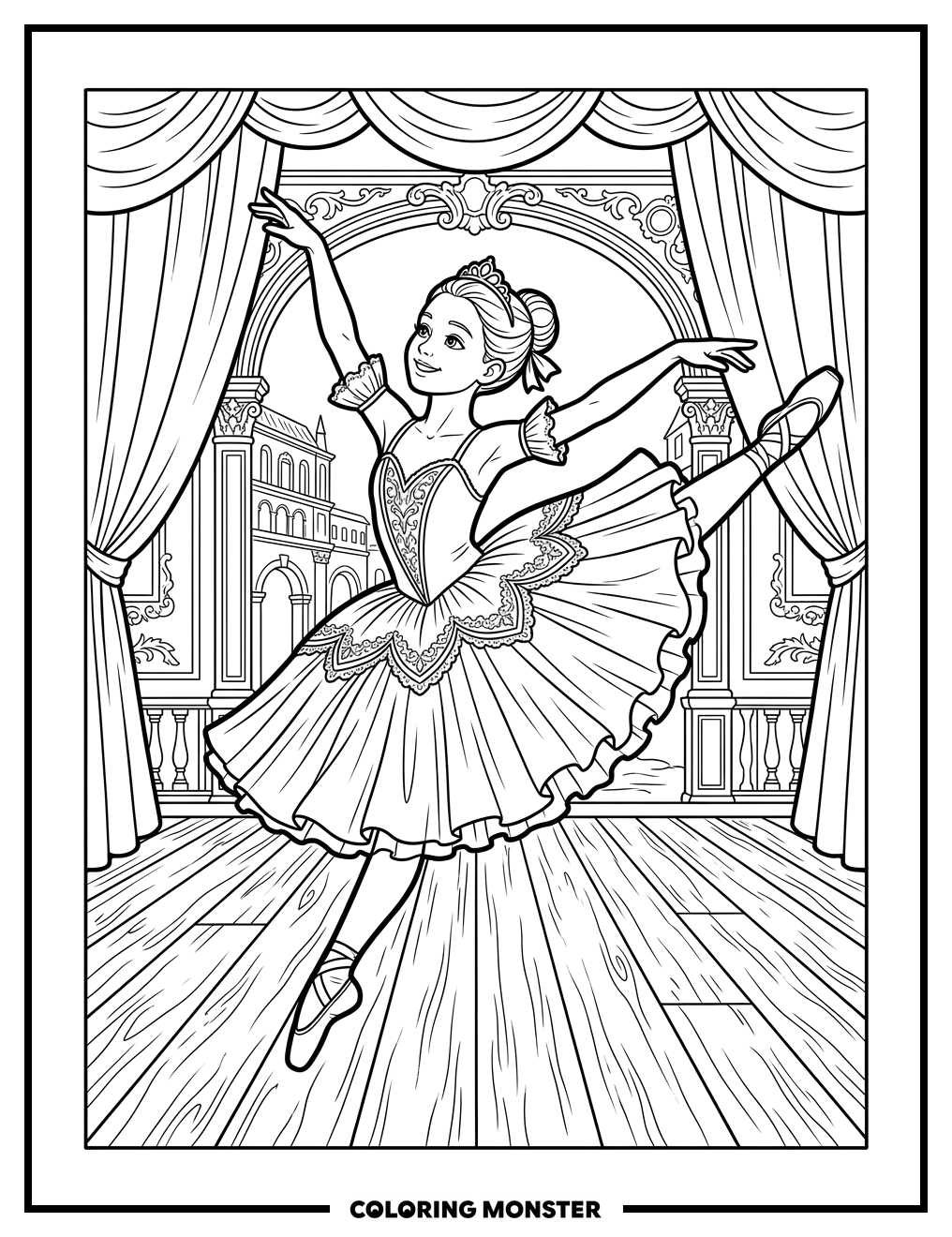 Ballerina Leaping on Stage Coloring Page