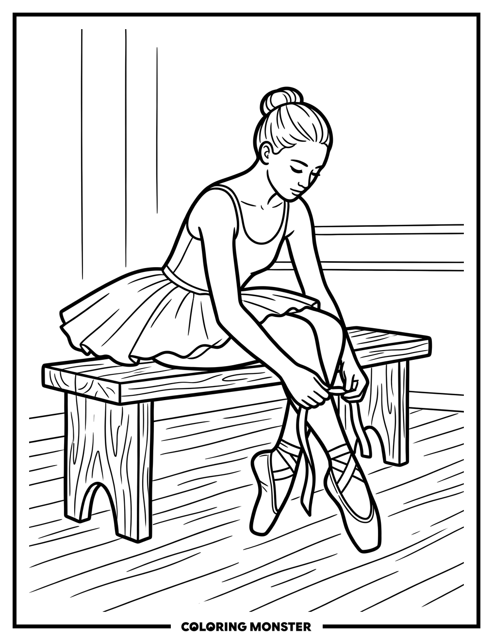 Ballerina Tying Pointe Shoes On A Bench Coloring Page