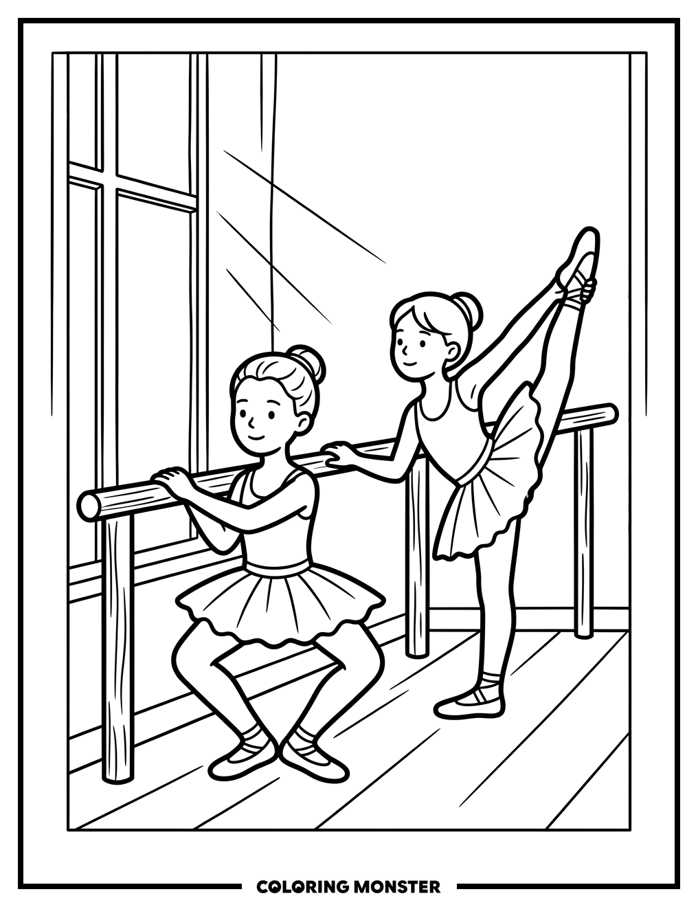 Ballerinas Practicing at Barre Coloring Page