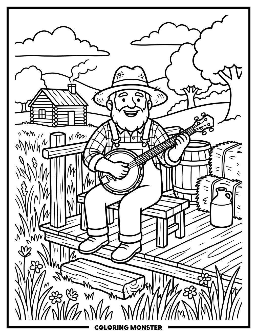 Banjo Player on Wooden Porch Coloring Page