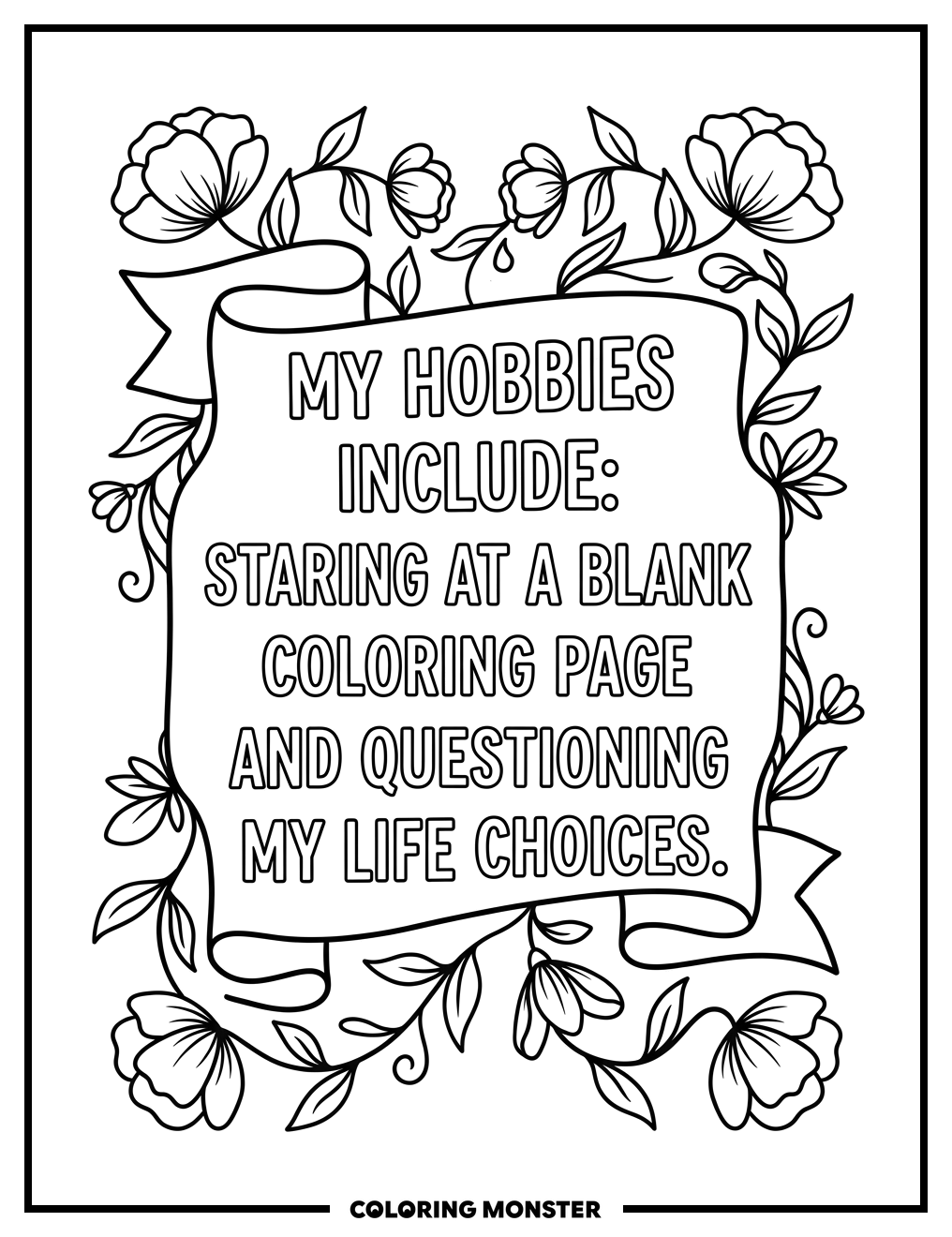 Banner with Vines and Flowers Coloring Page