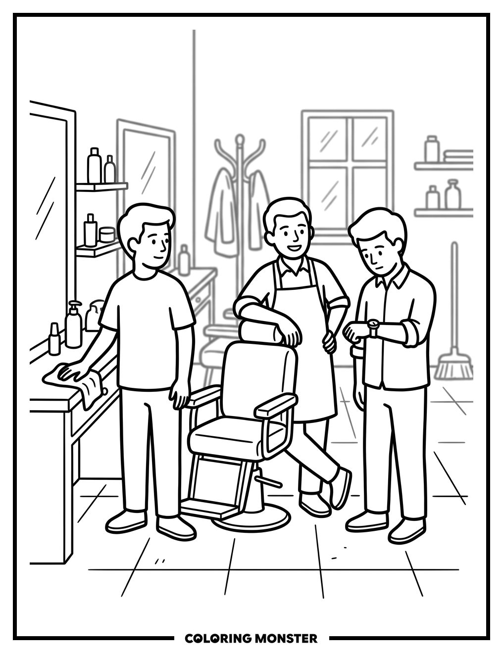 Barbers Chatting in Shop Coloring Page