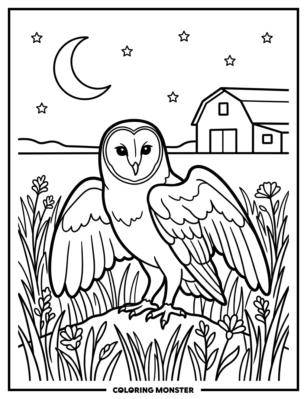 Barn Owl in Moonlit Field Coloring Page