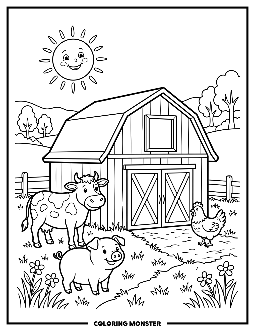 Barnyard Friends With Smiling Sun Coloring Page