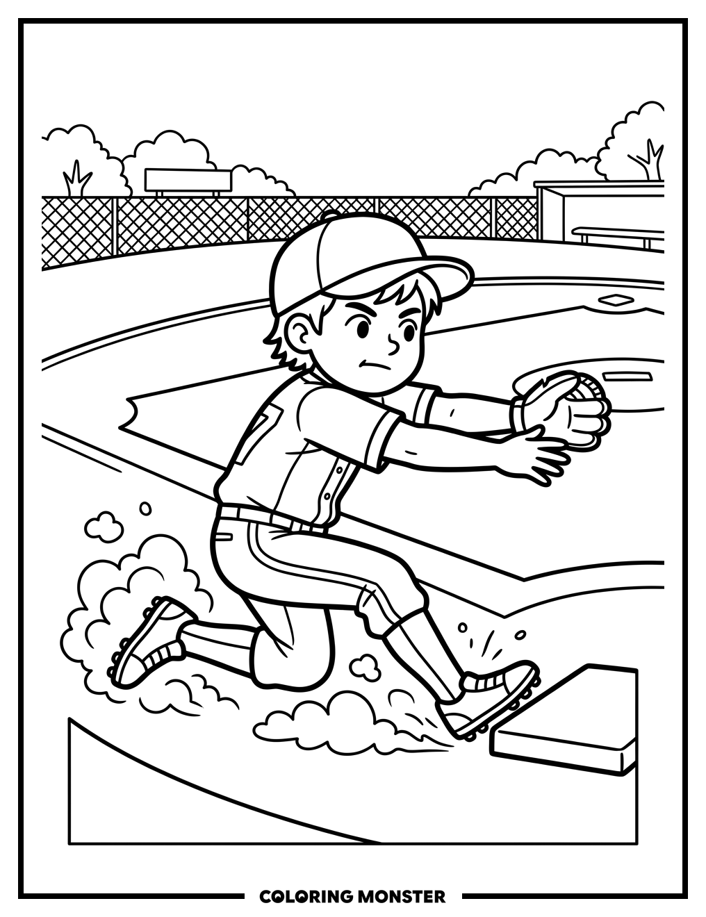 Baseball Player Sliding into Base Coloring Page