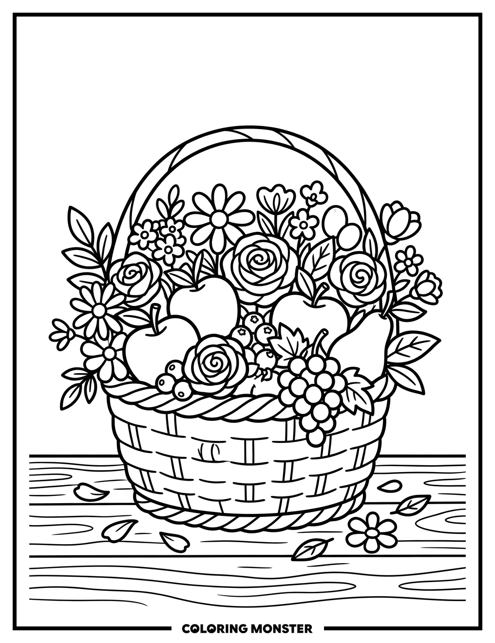 Basket of Flowers and Fruit Coloring Page