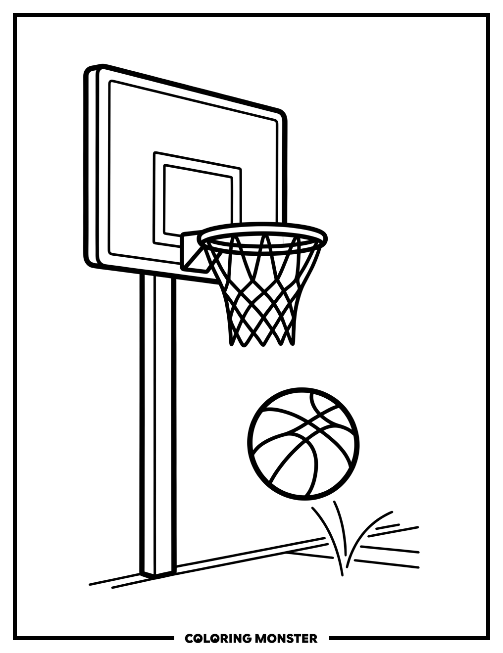 Basketball Hoop and Bouncing Ball Coloring Page