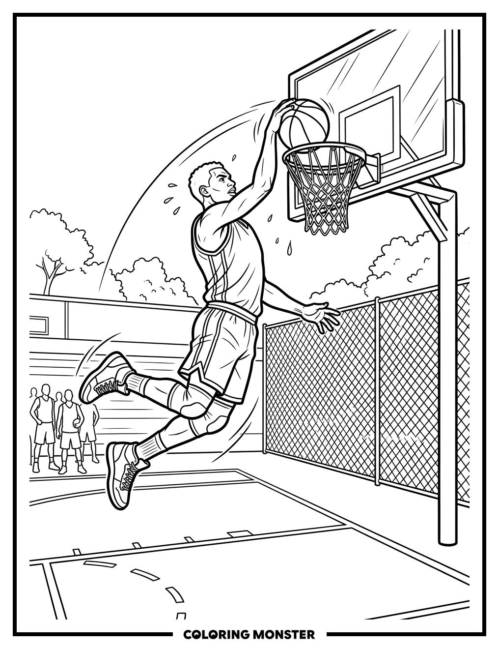 Basketball Player Dunking On Court Coloring Page