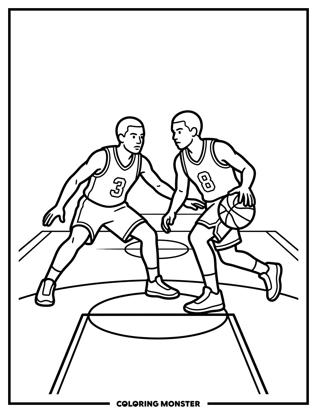 Basketball Players on Court Coloring Page