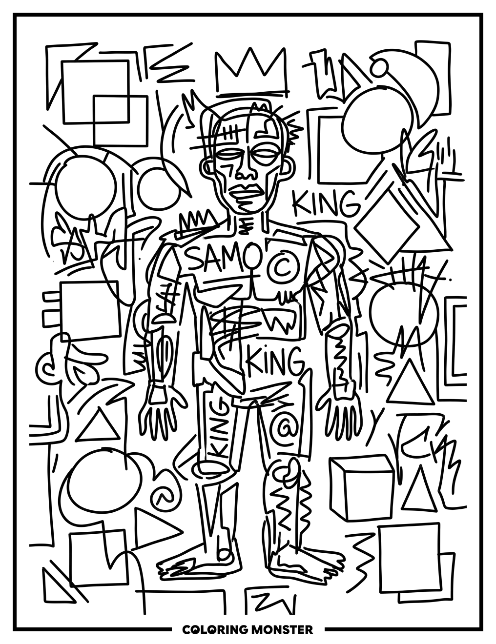 Basquiat-Style Figure with Crown Coloring Page