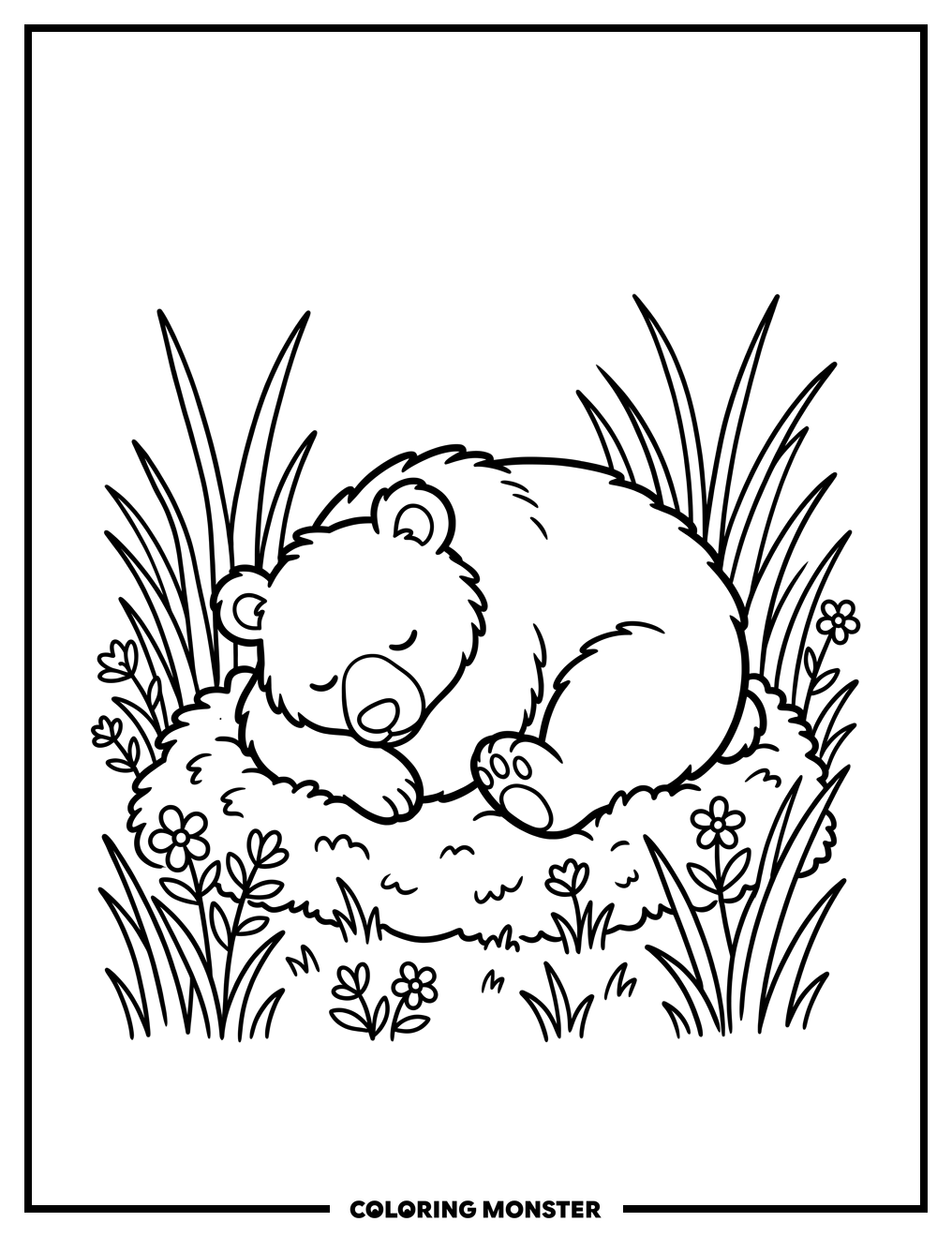 Bastien the Bear Sleeping in a Meadow Coloring Page