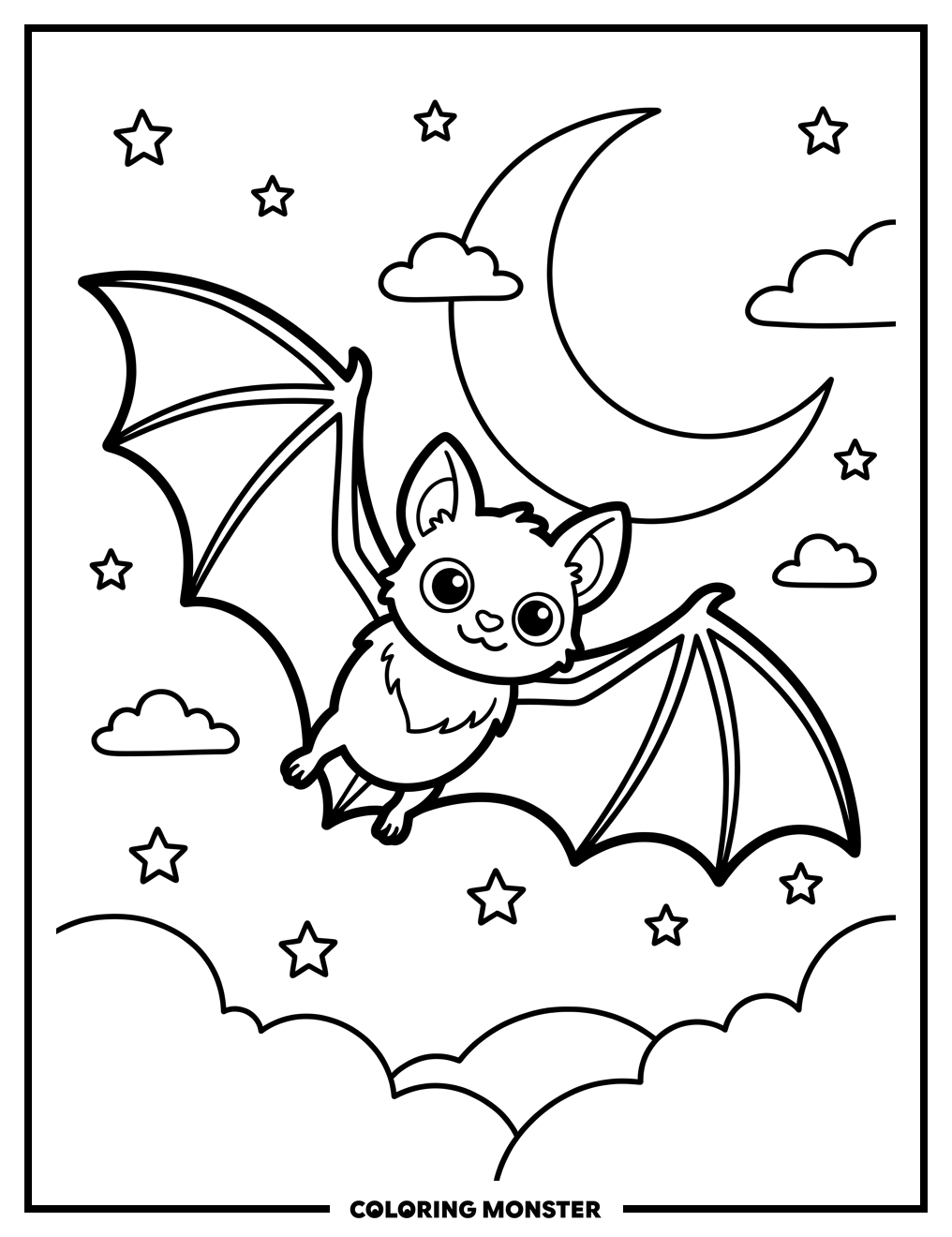 Bat and Moon in Night Sky Coloring Page