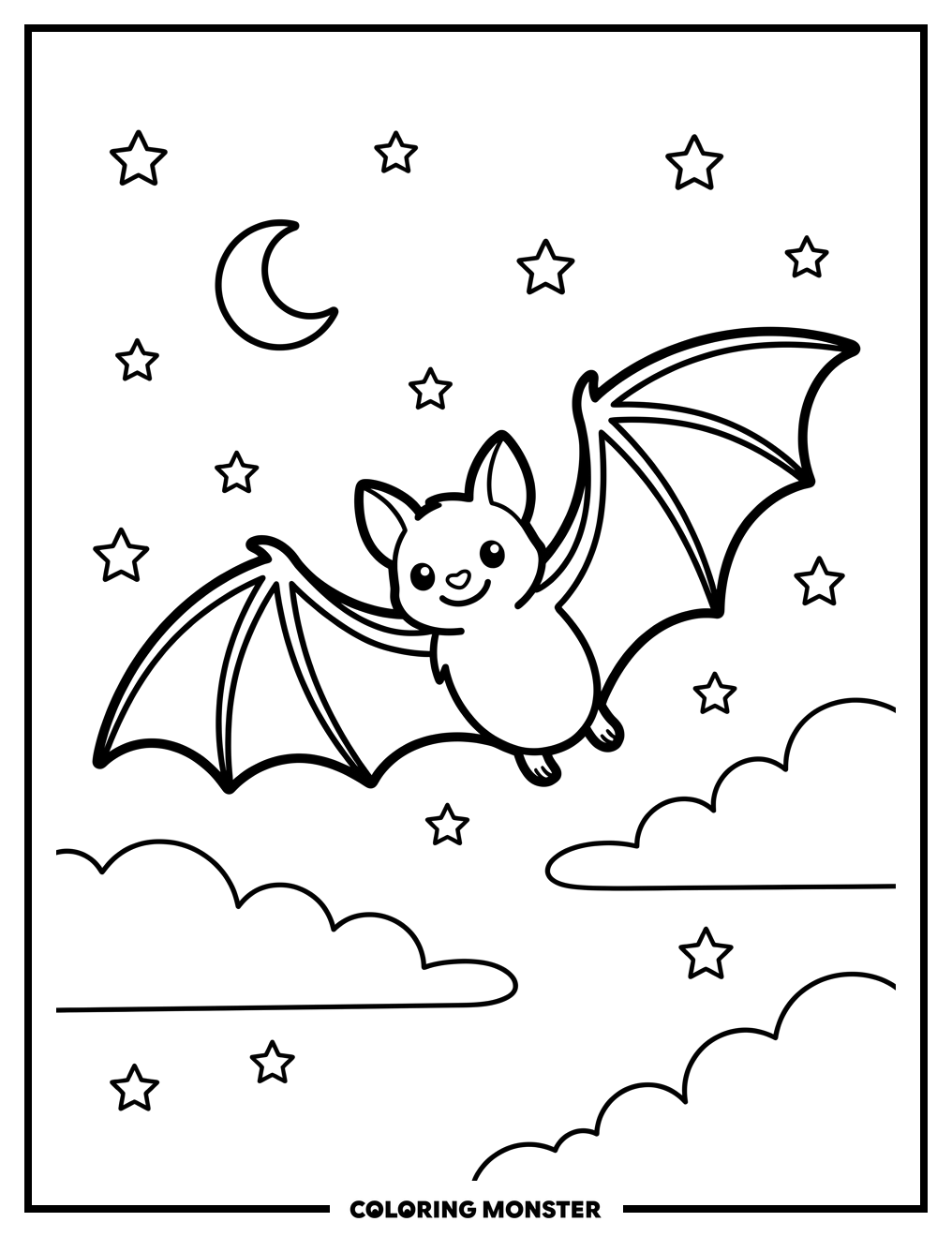 Bat Flying Through Starry Night Coloring Page