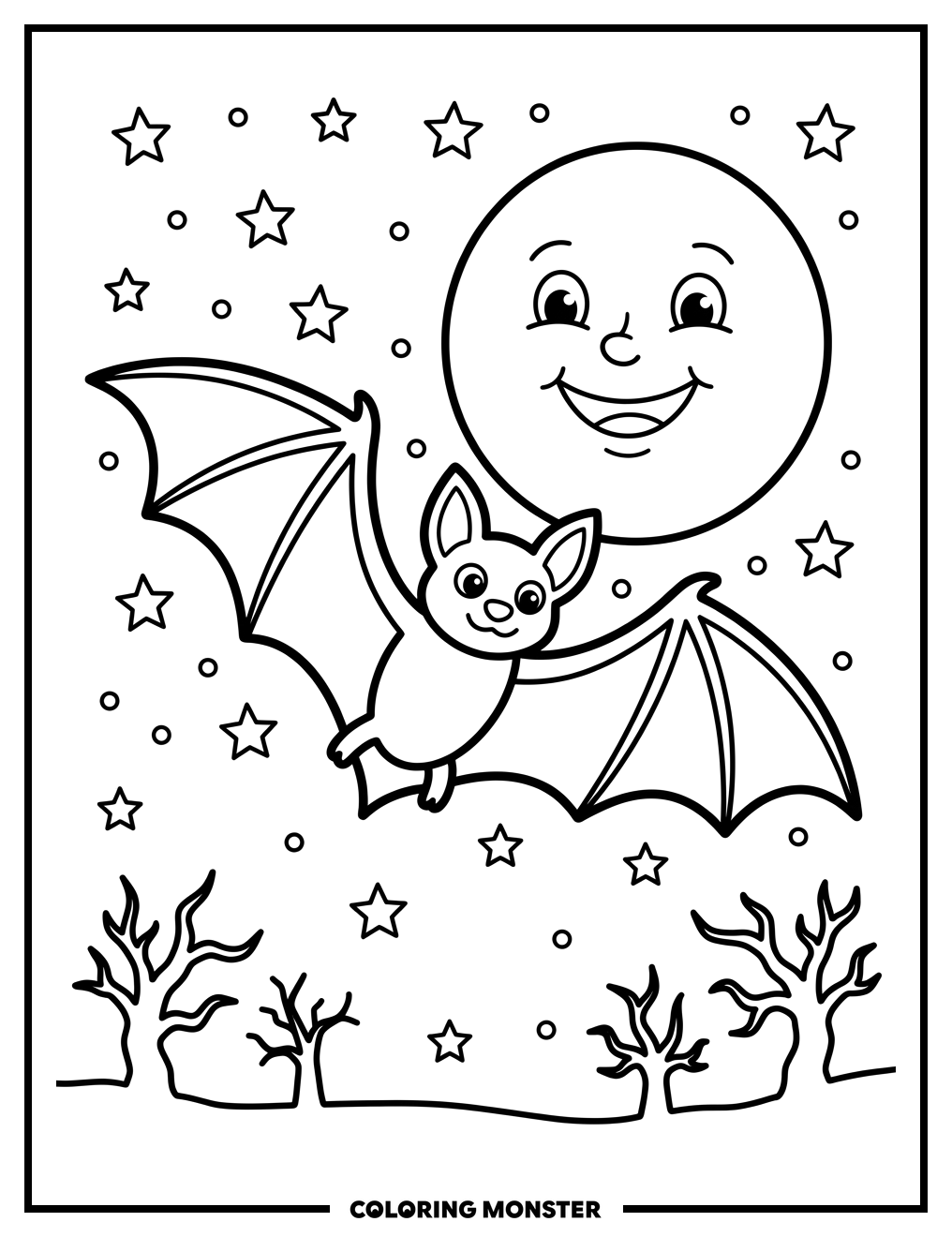Bat Flying Under Full Moon Coloring Page