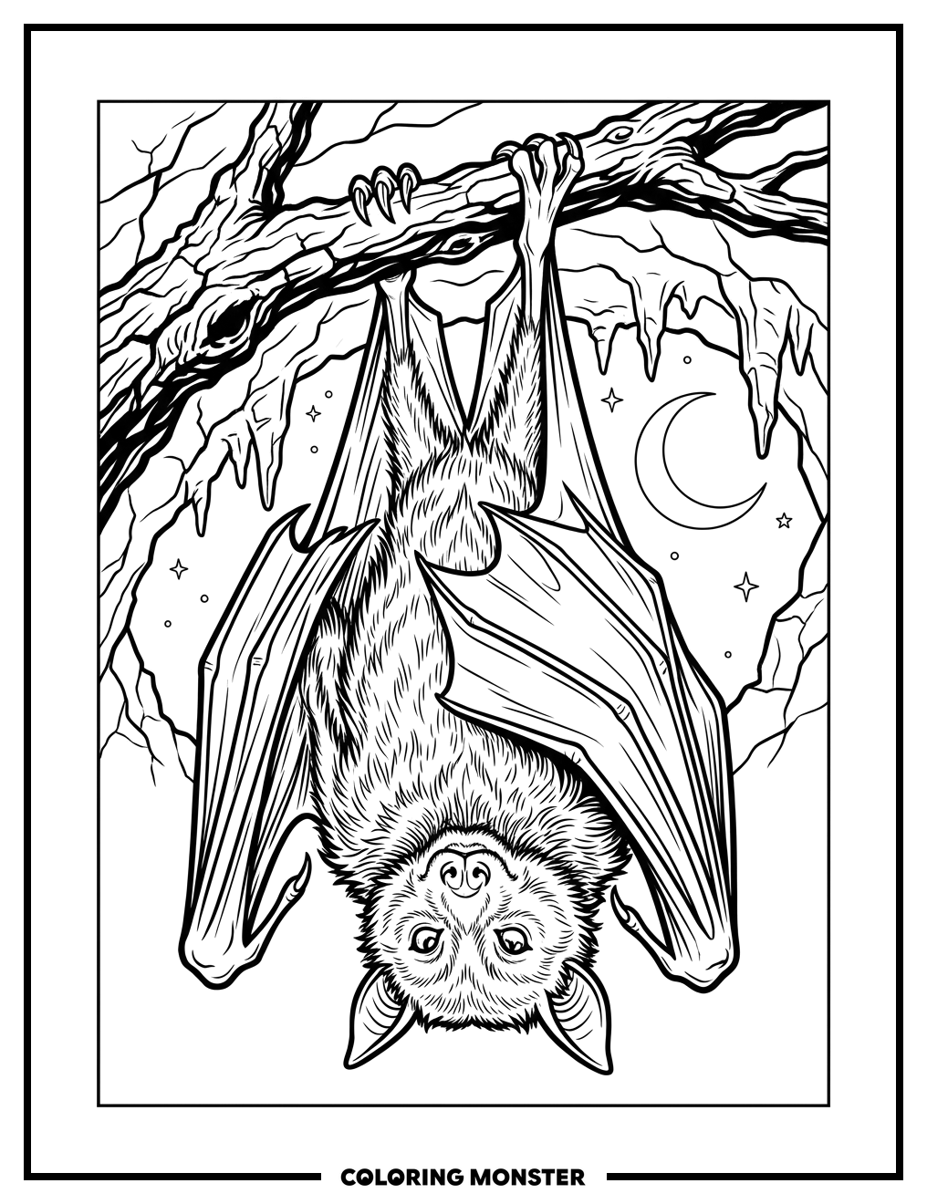 Bat Hanging From Gnarled Branch Coloring Page