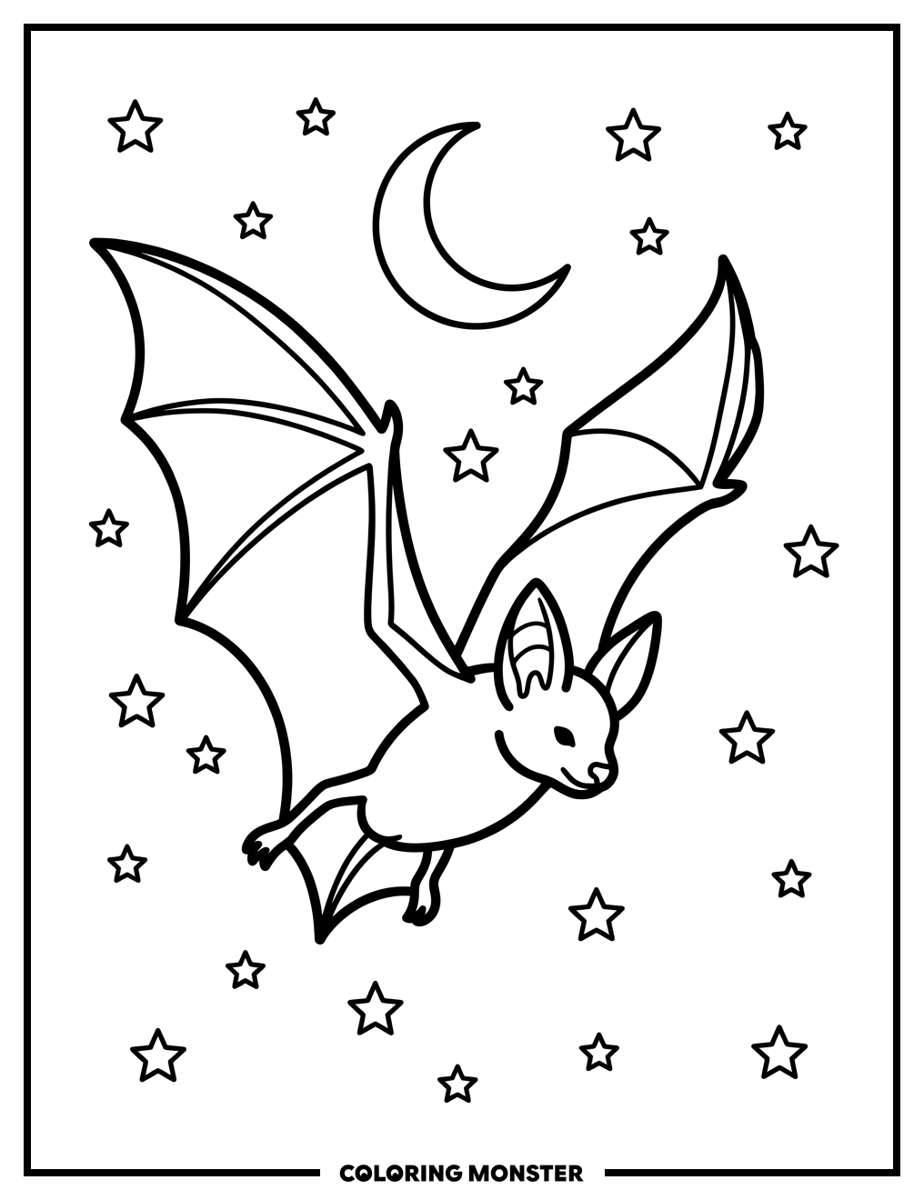 Bat in Flight Under Crescent Moon Coloring Page