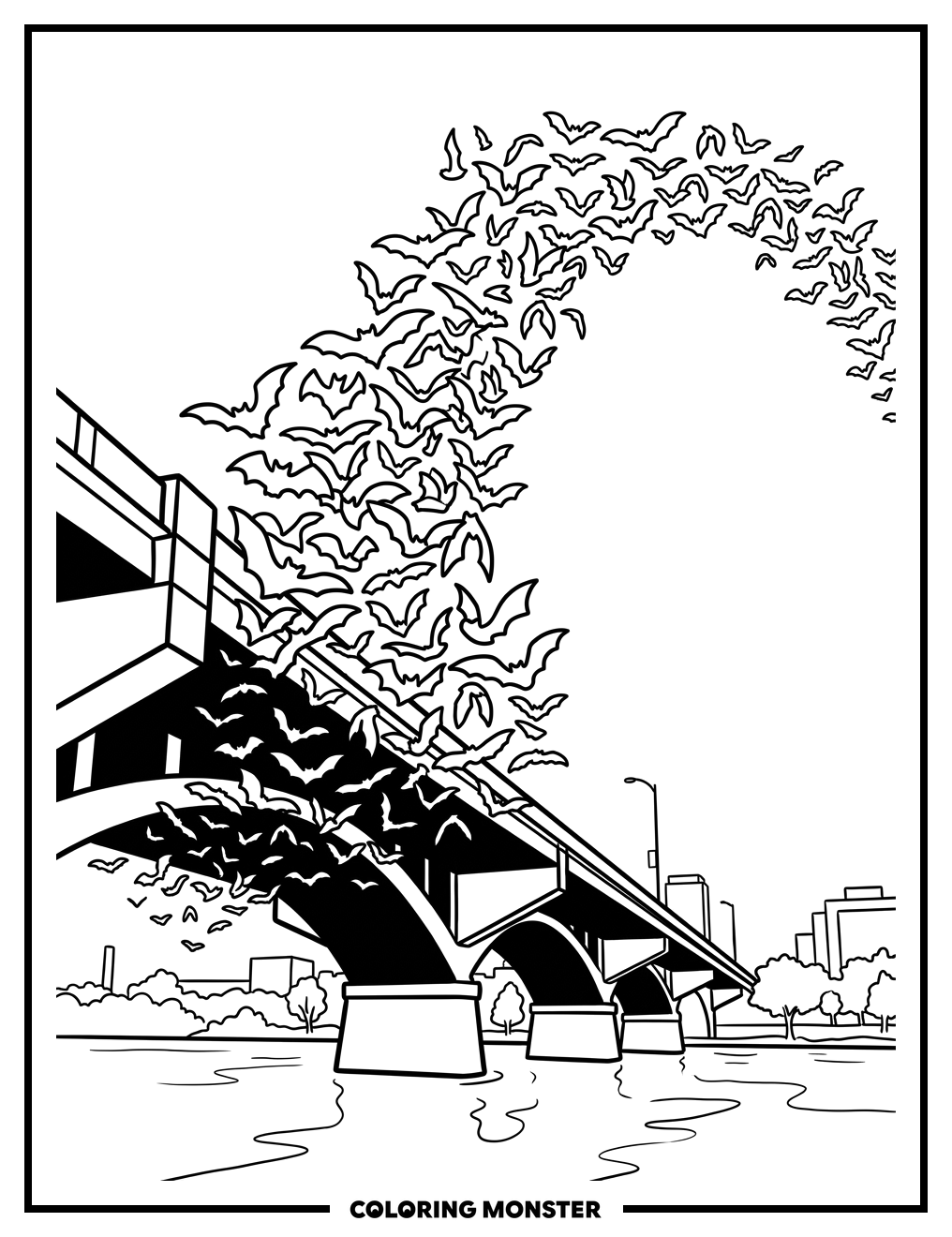 Bats Emerging From Bridge At Dusk Coloring Page