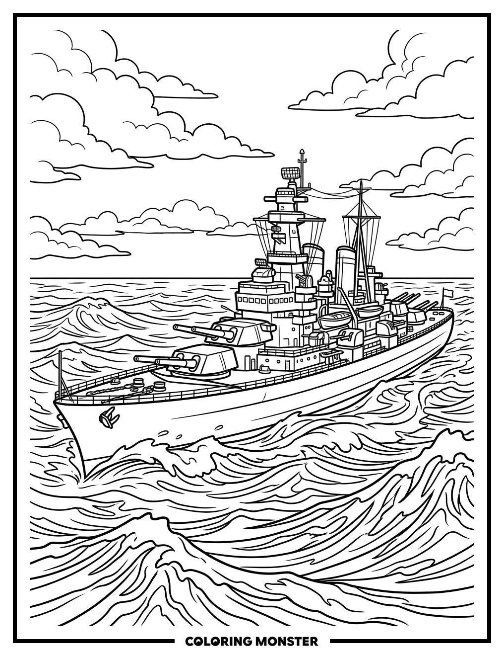 Battleship on Choppy Seas Coloring Page